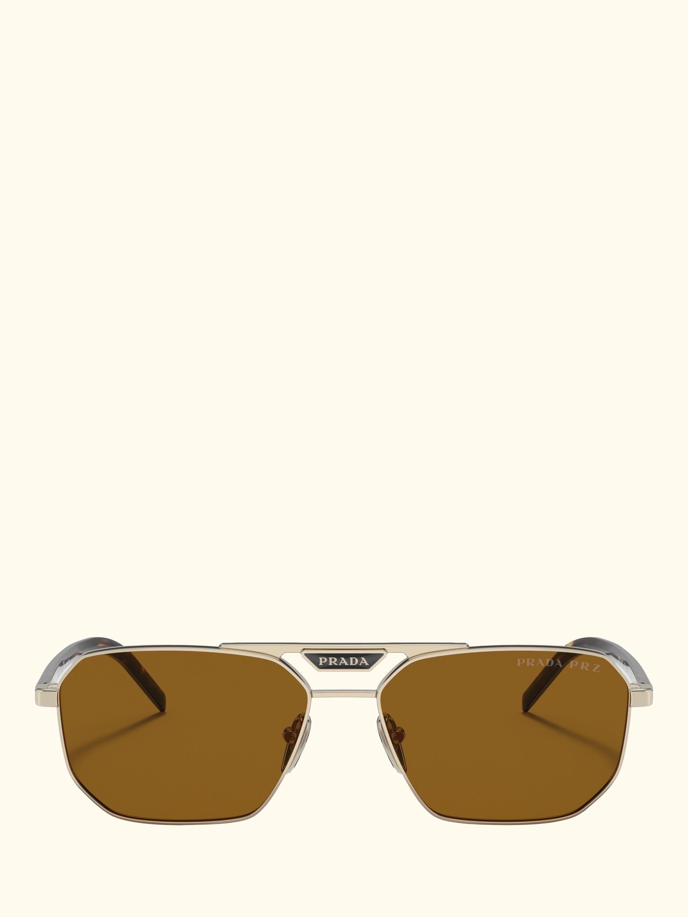 PR 58YS Men's Polarised Rectangular Sunglasses, Pale Gold/Brown