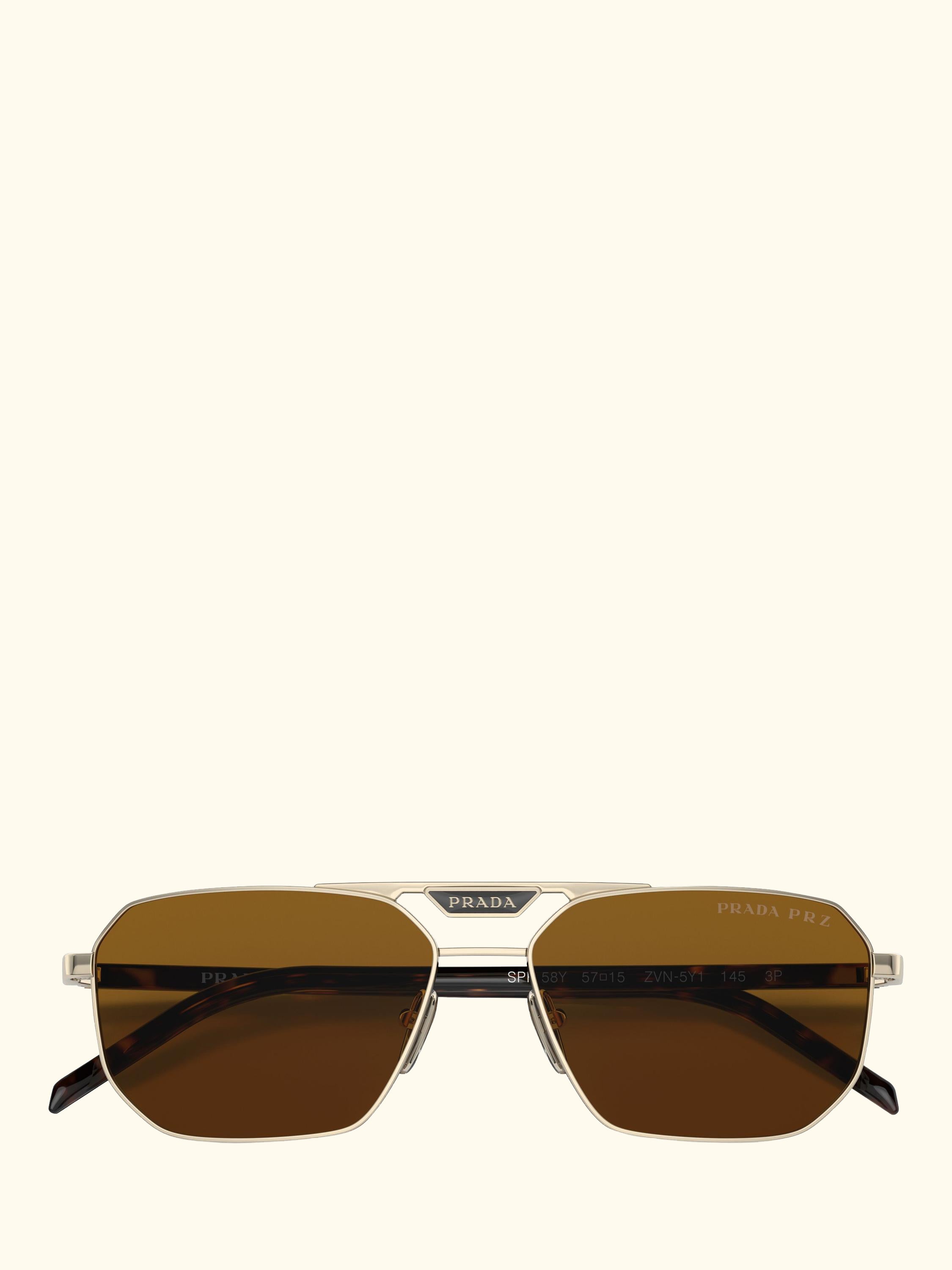 PR 58YS Men's Polarised Rectangular Sunglasses, Pale Gold/Brown