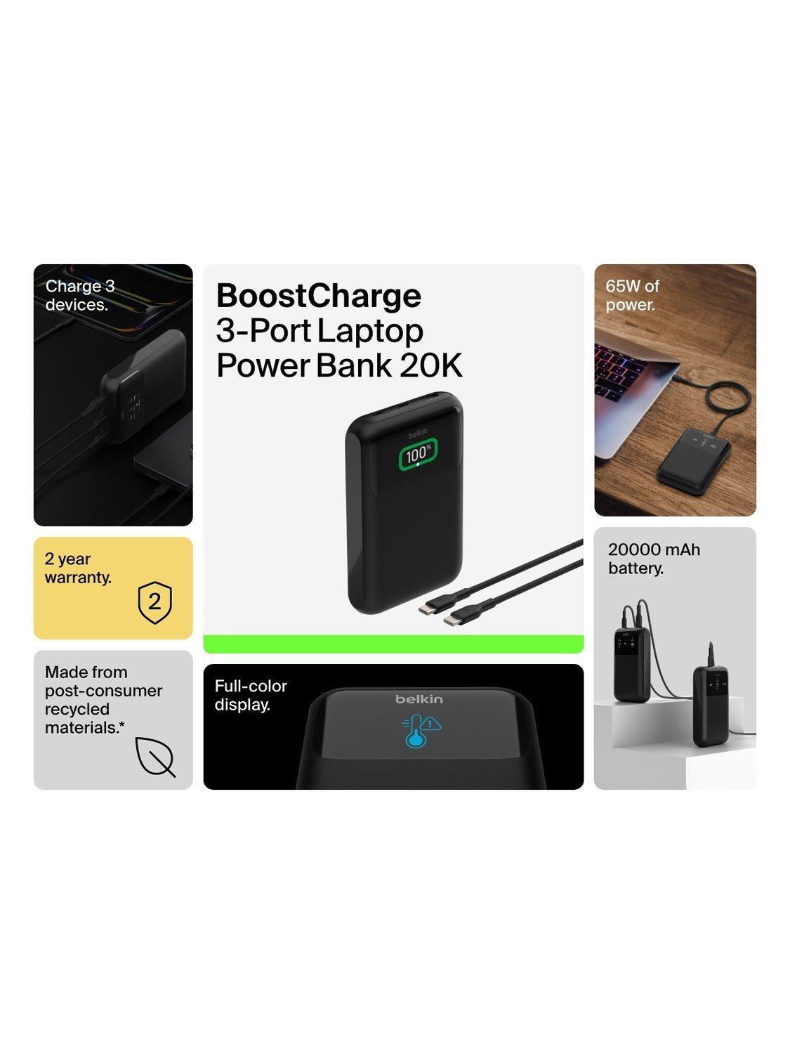 BoostCharge Pro 3-Port Laptop Power Bank, 20K, Black