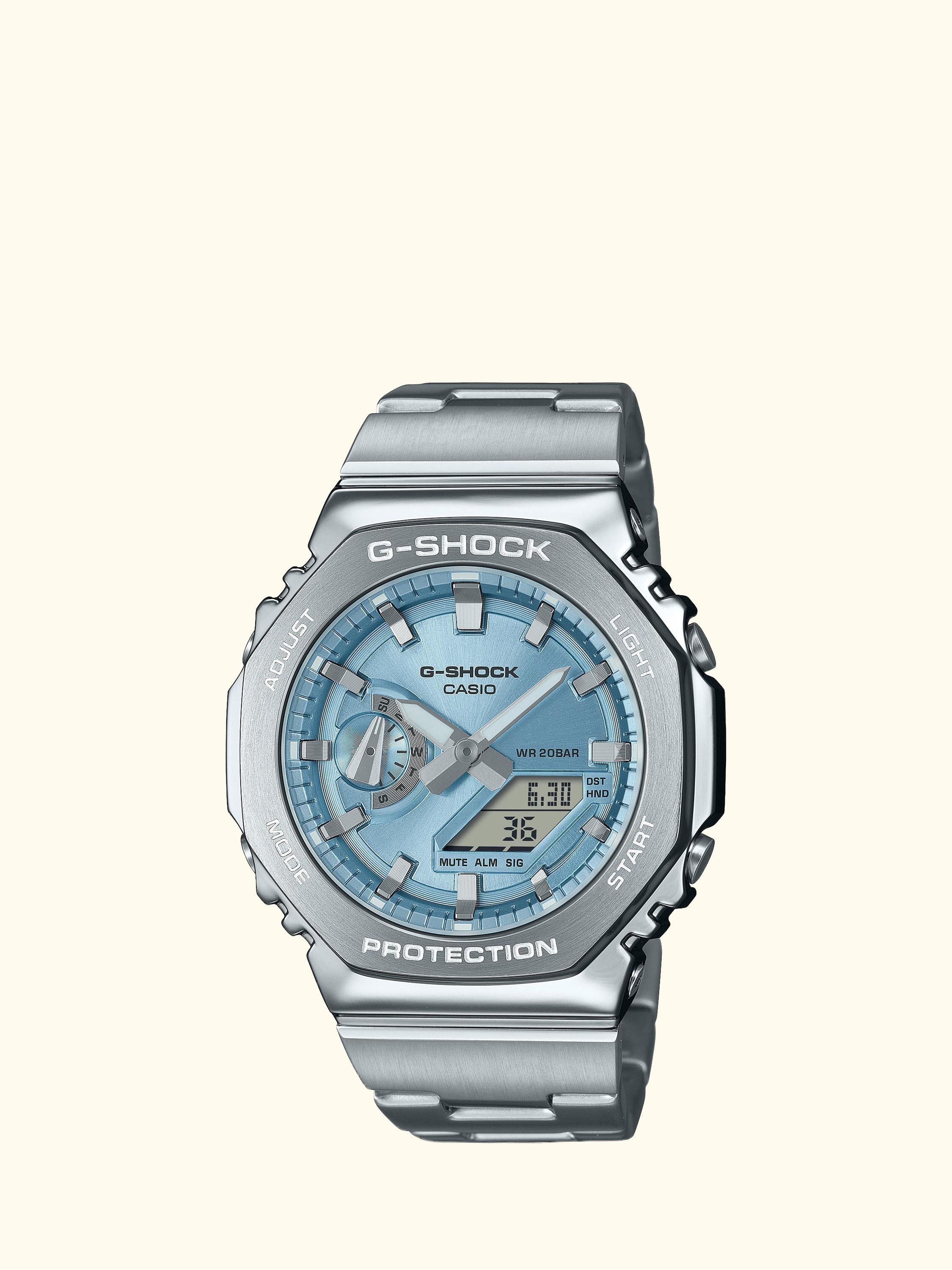 G-SHOCK World Time Bracelet Strap Watch, Silver/Ice Blue