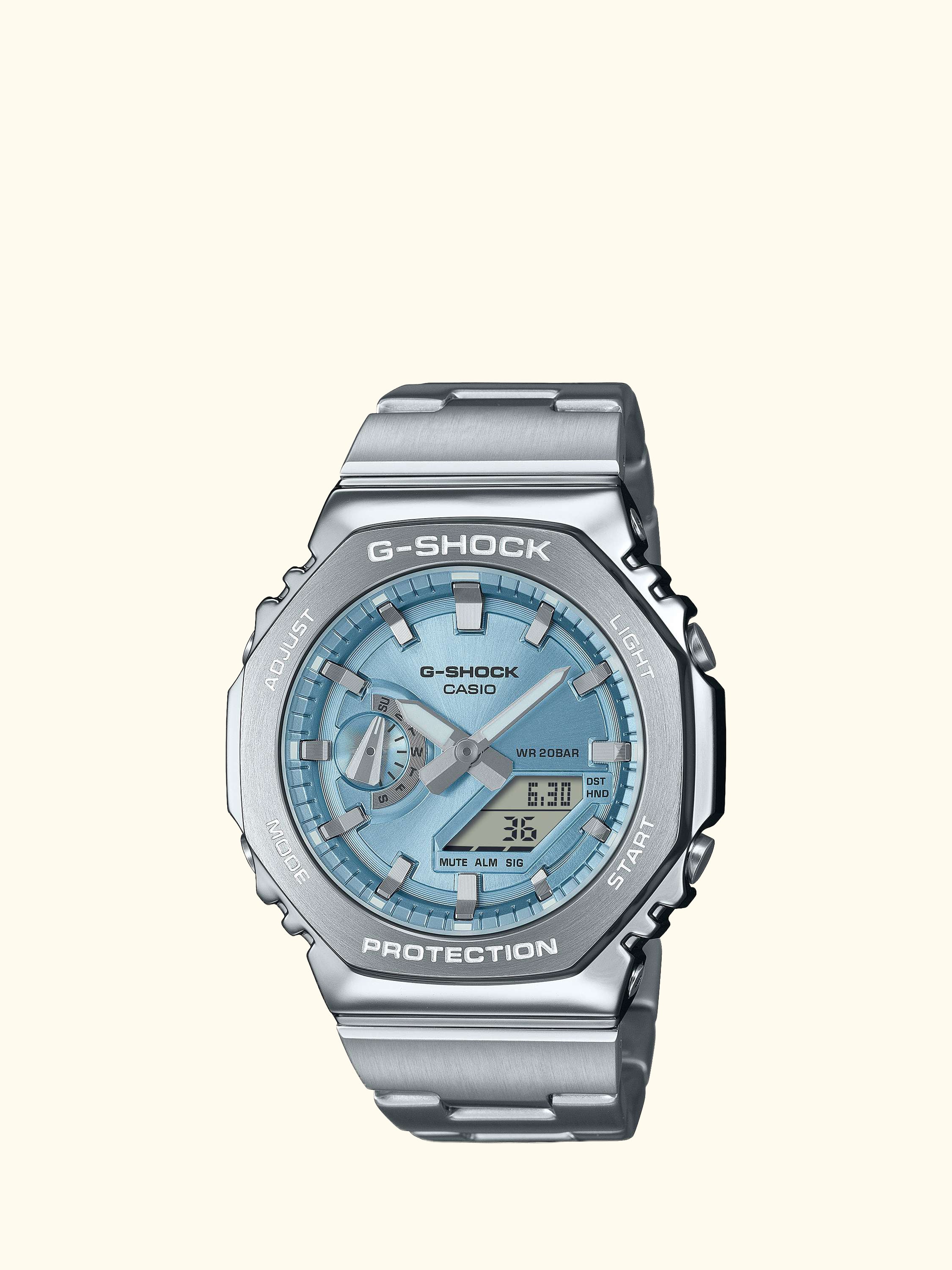 G-SHOCK World Time Bracelet Strap Watch, Silver/Ice Blue