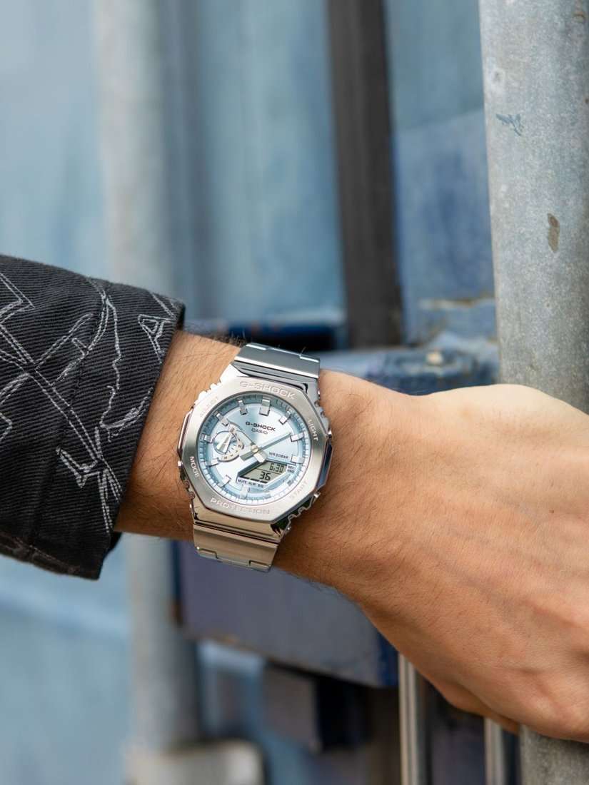 G-SHOCK World Time Bracelet Strap Watch, Silver/Ice Blue