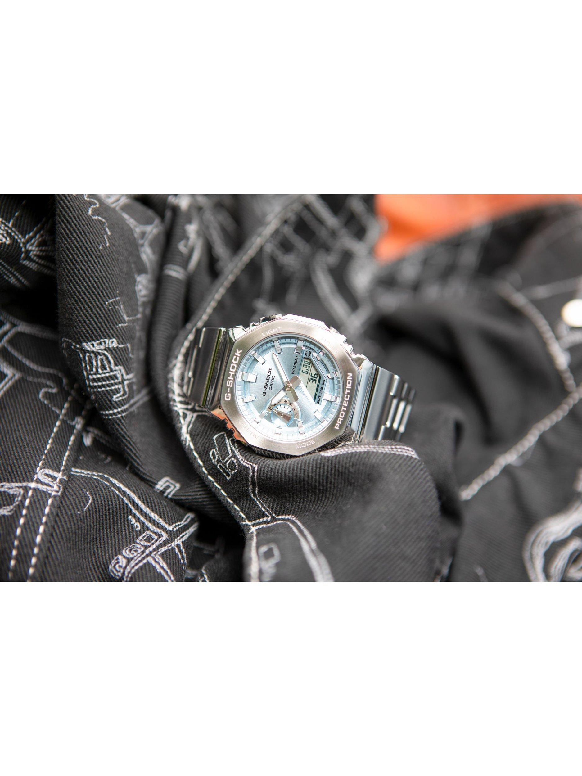 G-SHOCK World Time Bracelet Strap Watch, Silver/Ice Blue