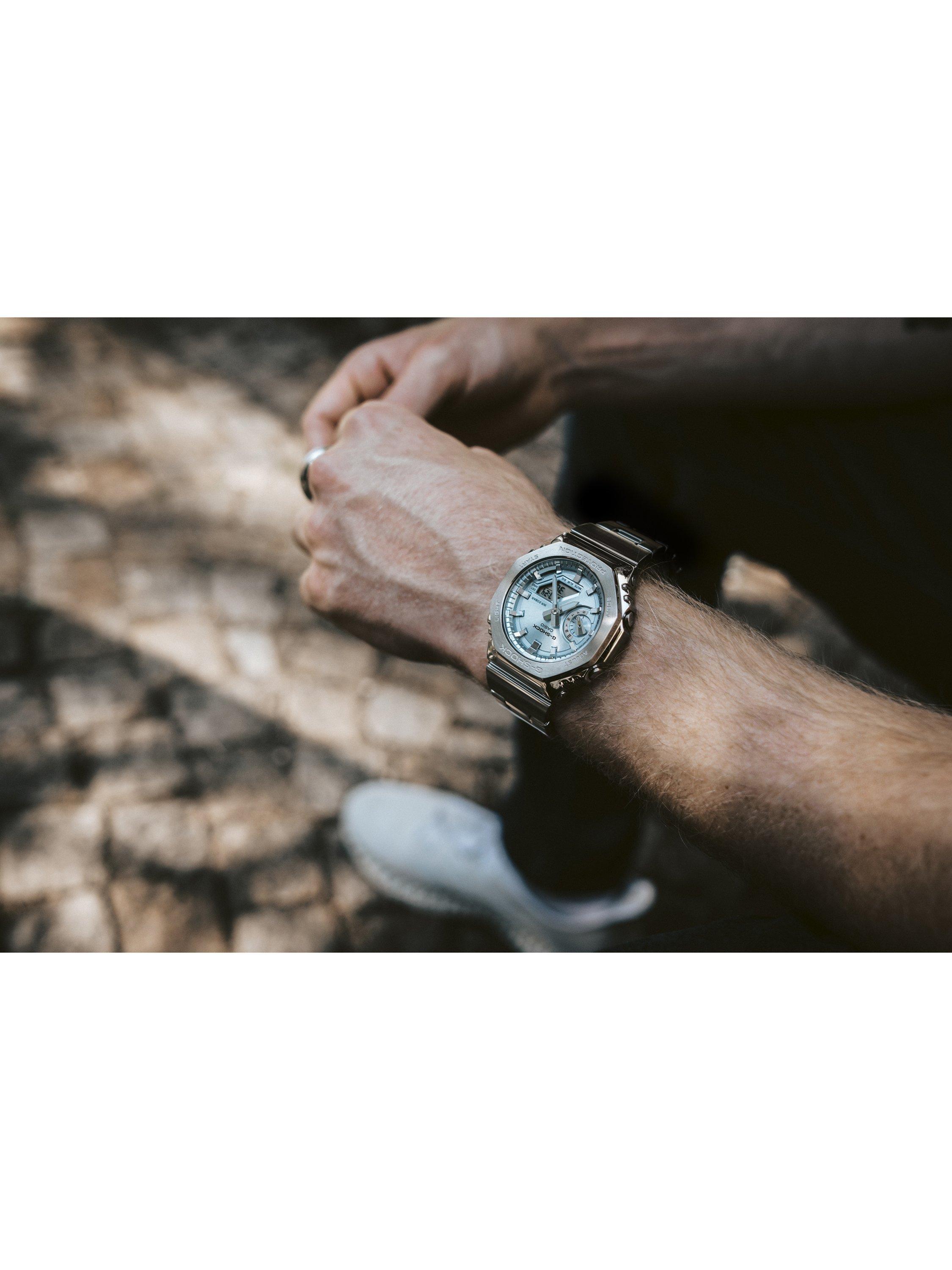 G-SHOCK World Time Bracelet Strap Watch, Silver/Ice Blue