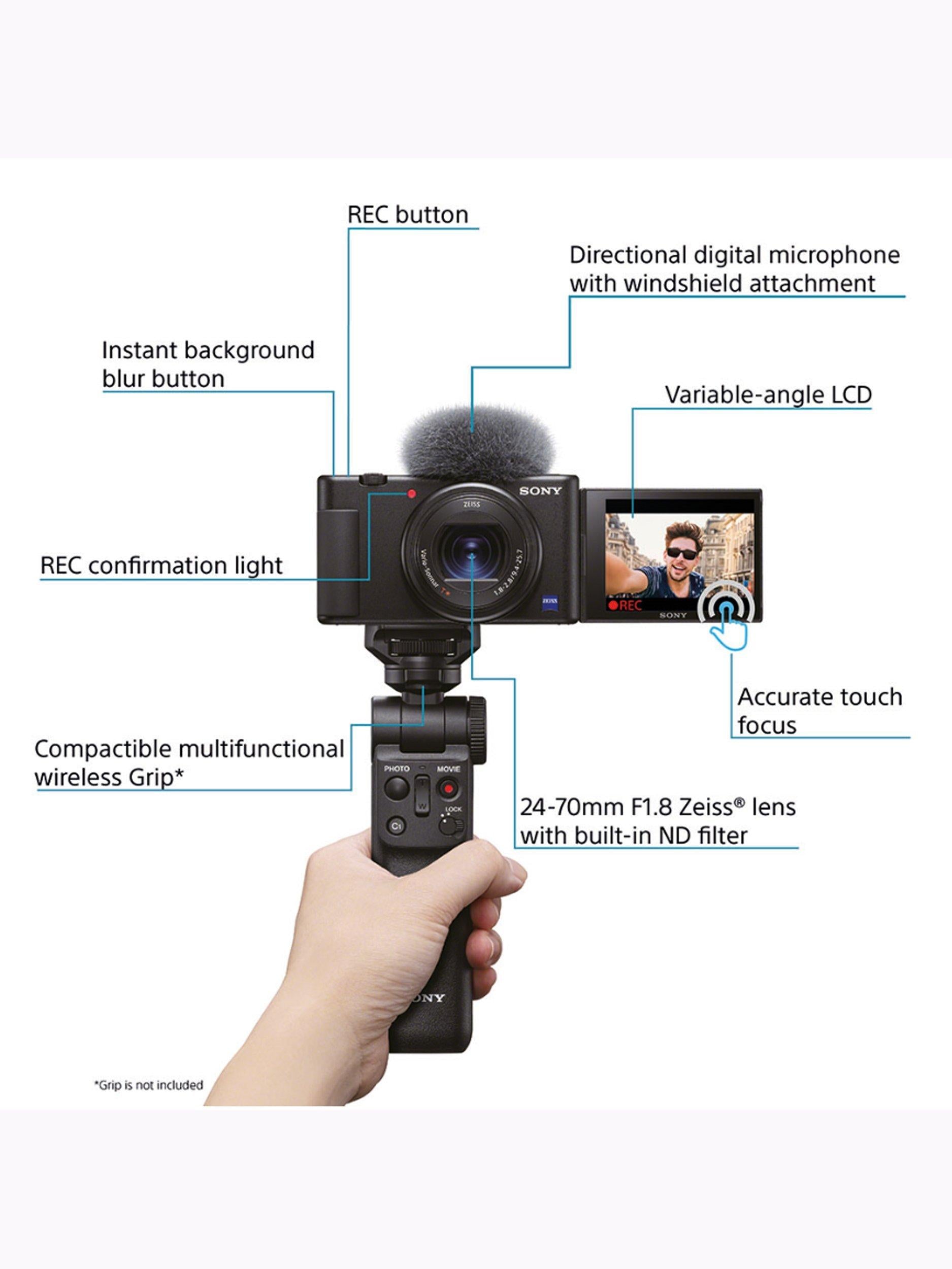 ZV-1 Compact Digital Camera with 24-70mm Lens, 2.7x Optical Zoom, 4K Ultra HD, 20.1MP, Wi-Fi, Bluetooth, 3” Vari-Angle Touch Screen, Black