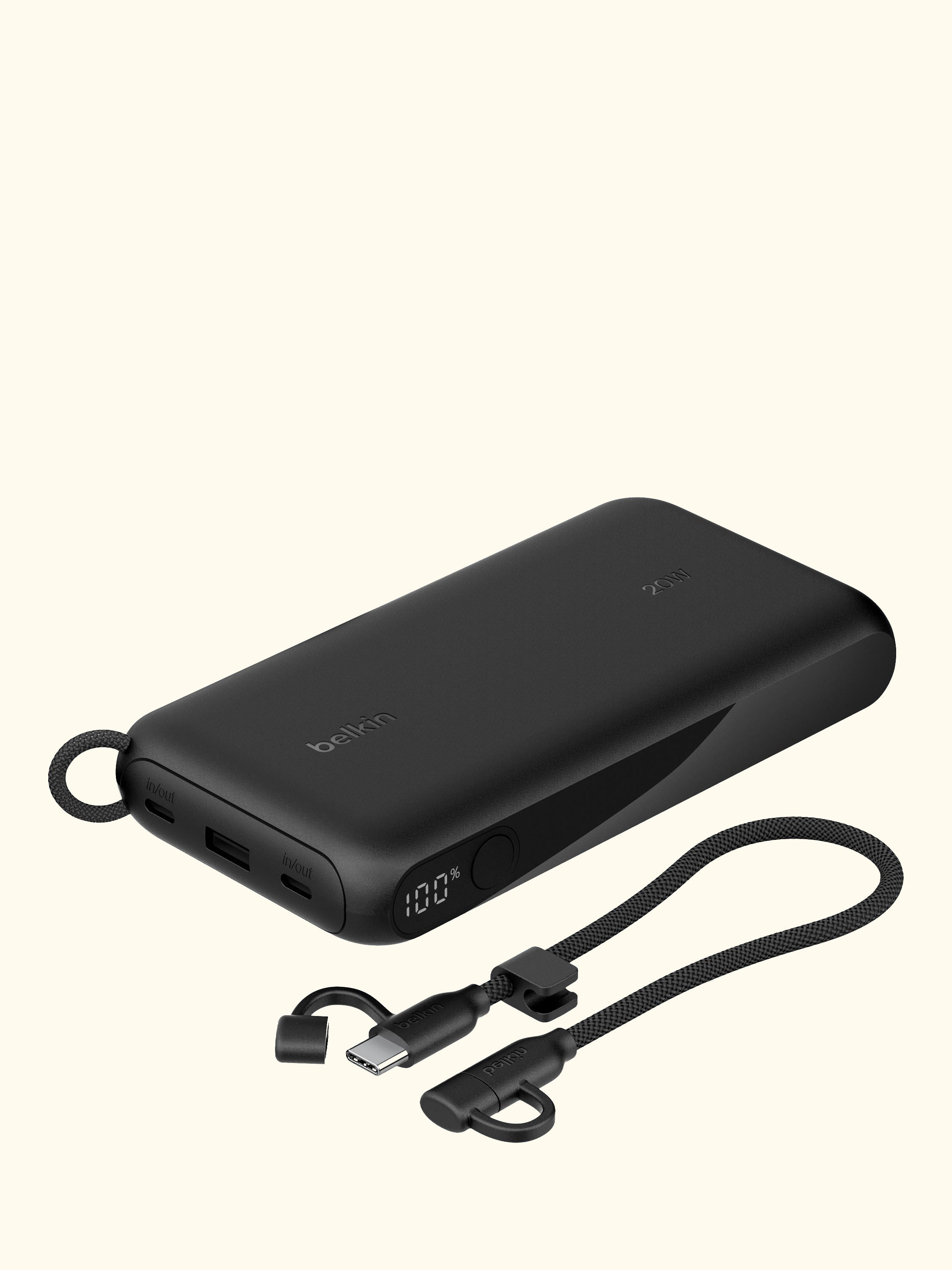 20W USB-C Portable Power Bank with Display, 20K, Black