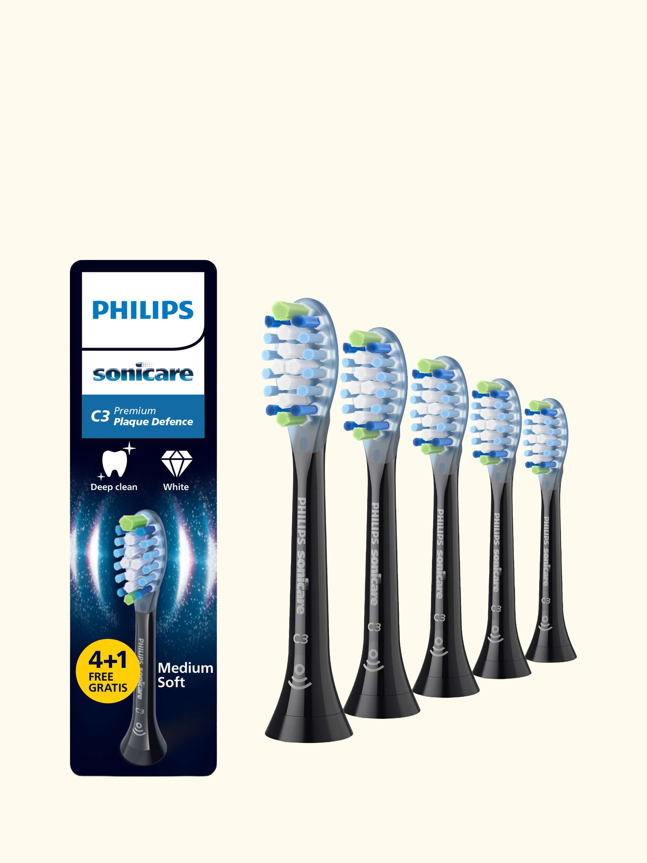 Sonicare HX9045/88 C3 Premium Plaque Defence Replacement Toothbrush Heads, Pack of 5, Black