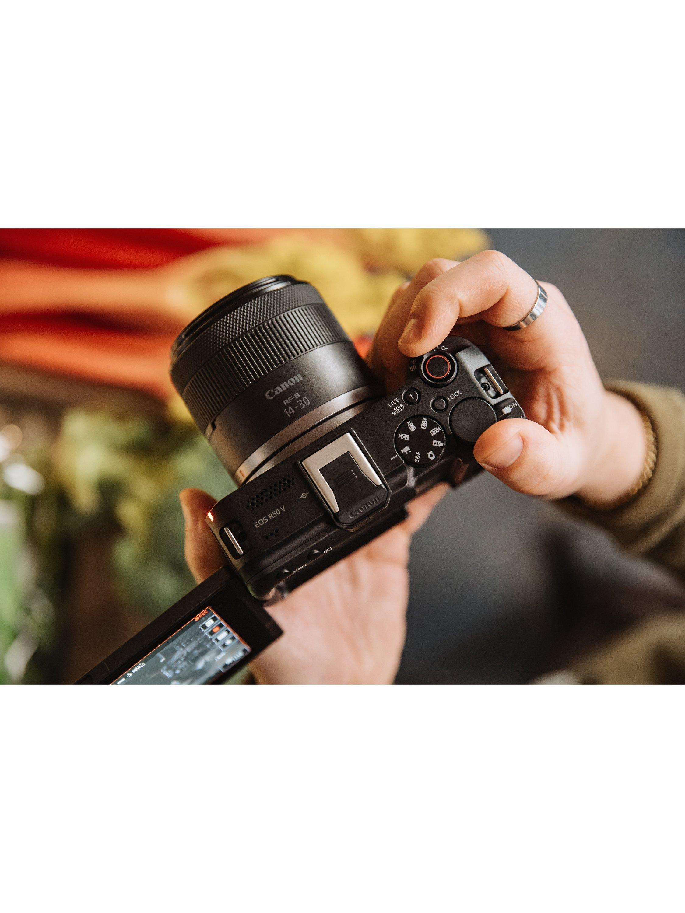 EOS R50 V Compact System Camera with RF-S 14-30mm Power Zoom Lens, 4K Ultra HD, 24.2MP, Wi-Fi, Bluetooth, 3” Vari-Angle Touch Screen, Black