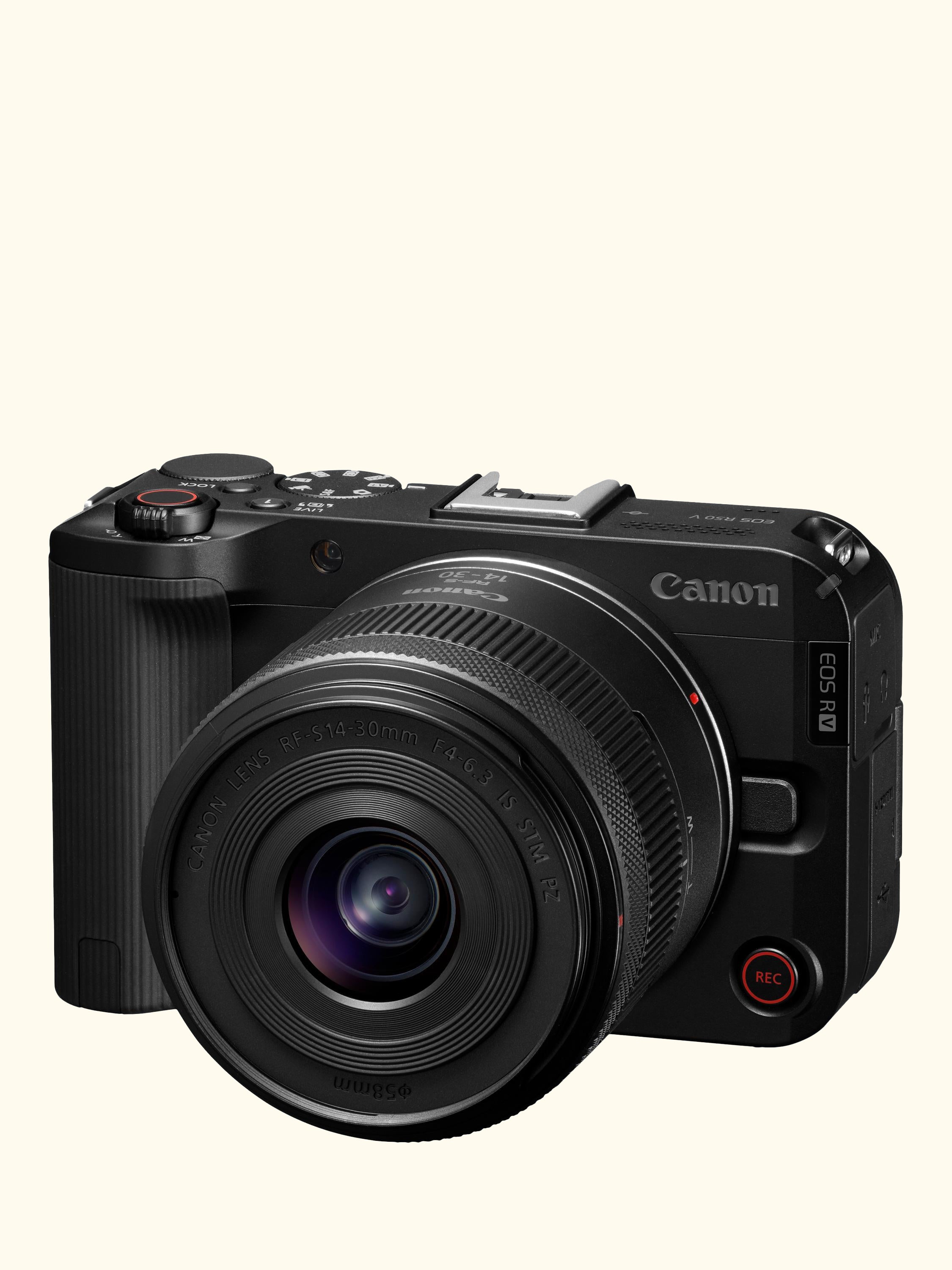 EOS R50 V Compact System Camera with RF-S 14-30mm Power Zoom Lens, 4K Ultra HD, 24.2MP, Wi-Fi, Bluetooth, 3” Vari-Angle Touch Screen, Black