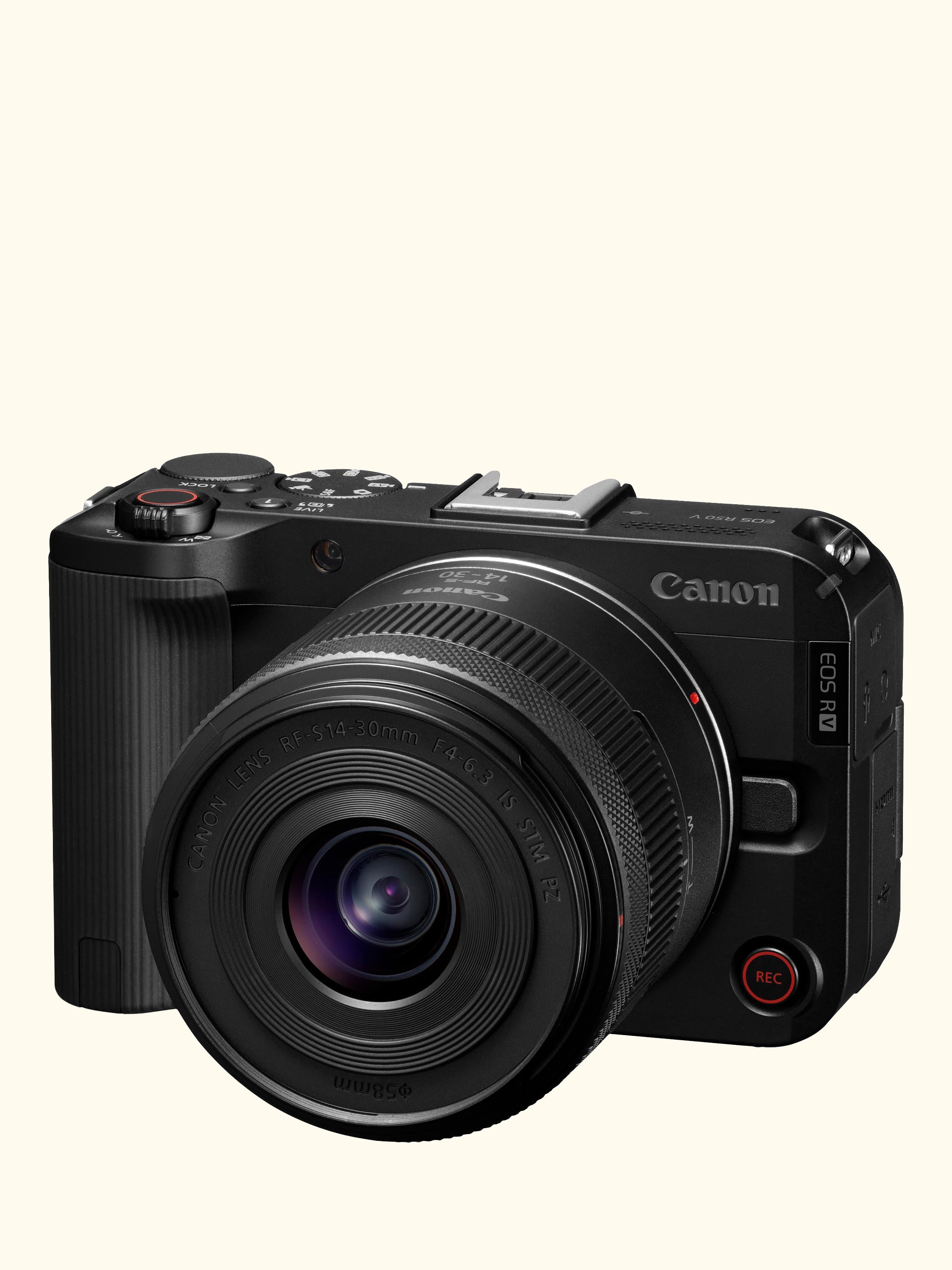 EOS R50 V Compact System Camera with RF-S 14-30mm Power Zoom Lens, 4K Ultra HD, 24.2MP, Wi-Fi, Bluetooth, 3” Vari-Angle Touch Screen, Black, Creator Kit with Tripod Grip, 128GB Memory Card & Stereo Microphone
