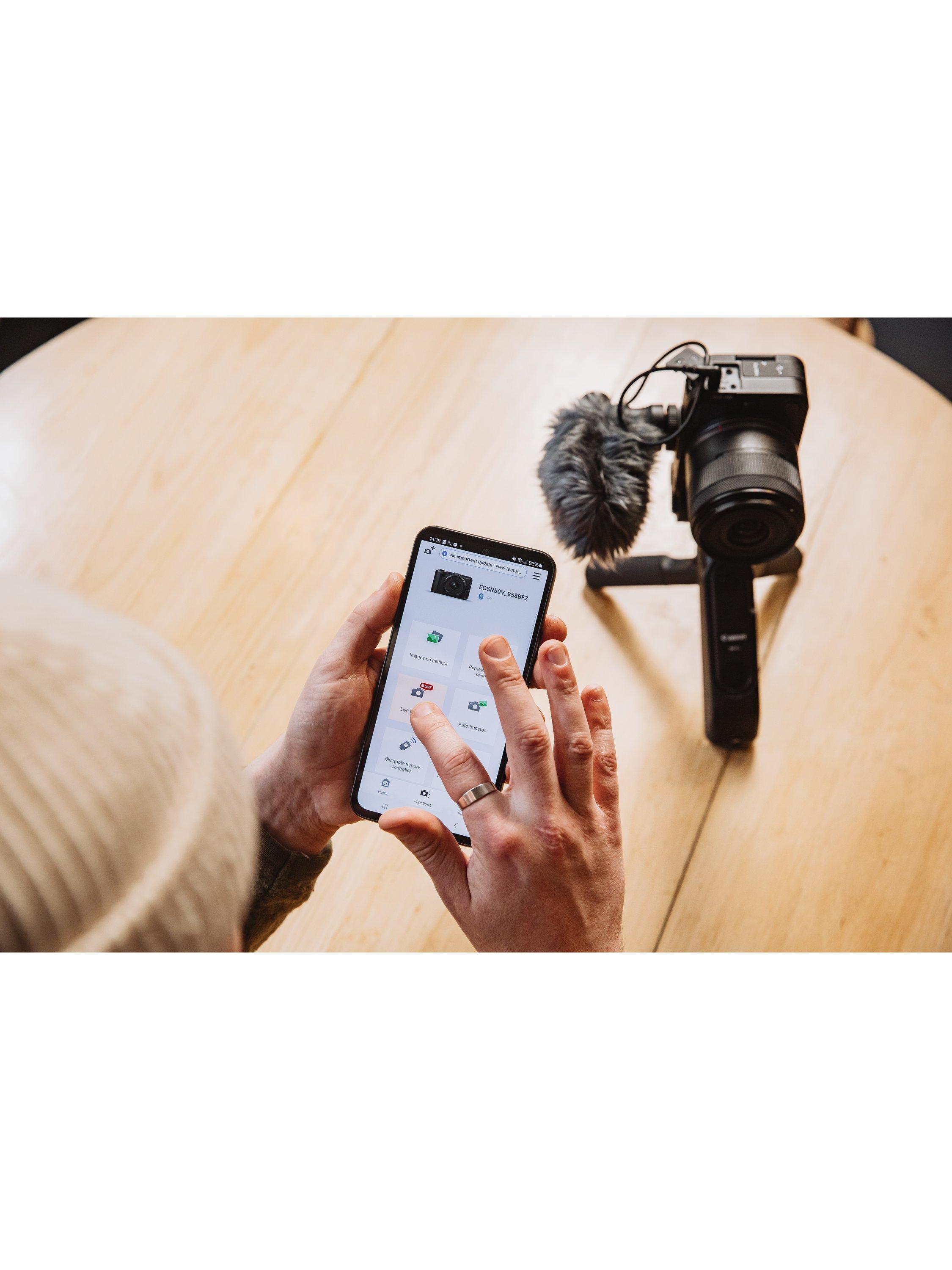 EOS R50 V Compact System Camera with RF-S 14-30mm Power Zoom Lens, 4K Ultra HD, 24.2MP, Wi-Fi, Bluetooth, 3” Vari-Angle Touch Screen, Black, Creator Kit with Tripod Grip, 128GB Memory Card & Stereo Microphone