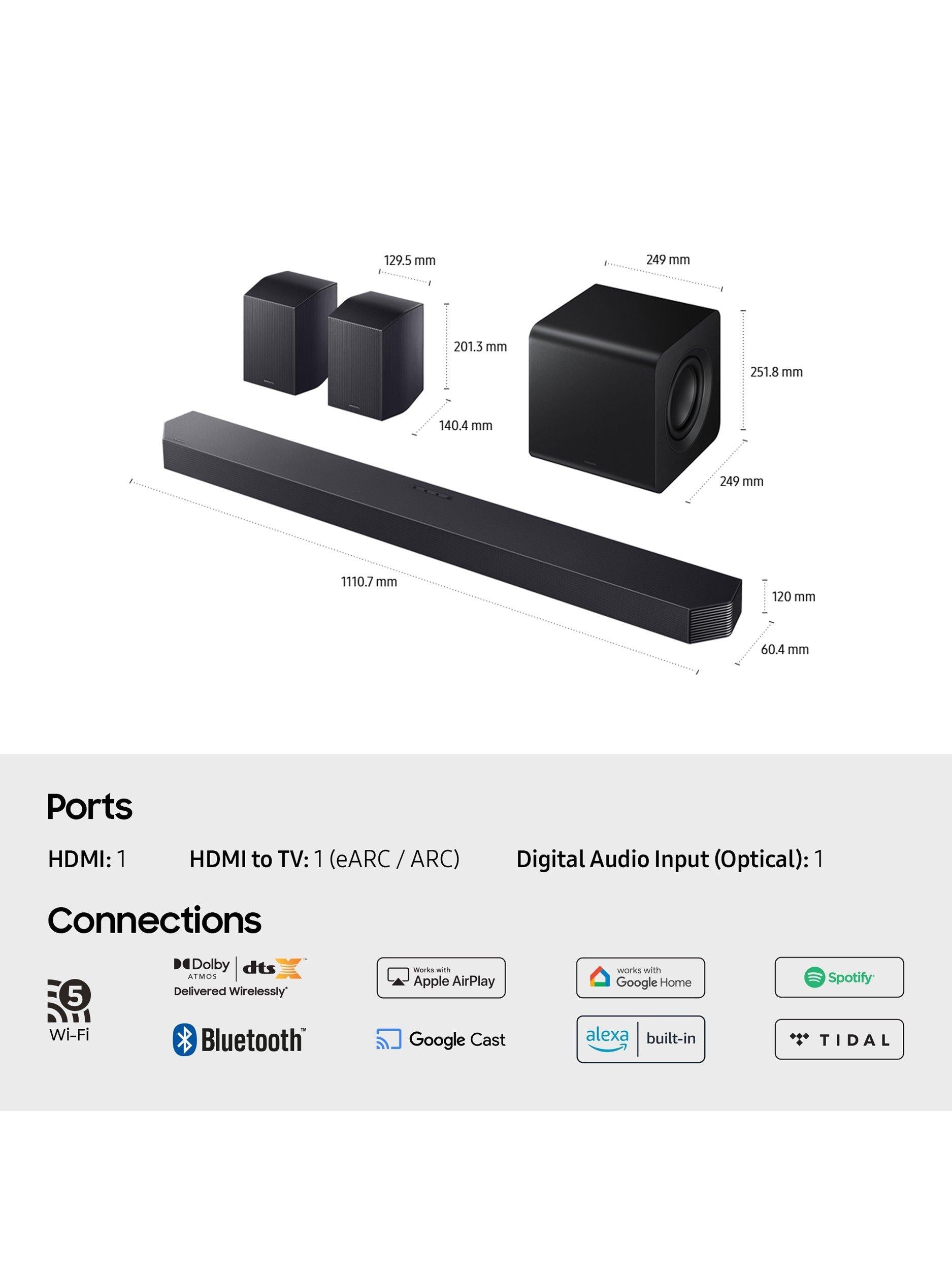 HW-Q930F Bluetooth Wi-Fi Cinematic Soundbar with Dolby Atmos, DTS:X, Wireless Subwoofer & Rear Speakers, Black