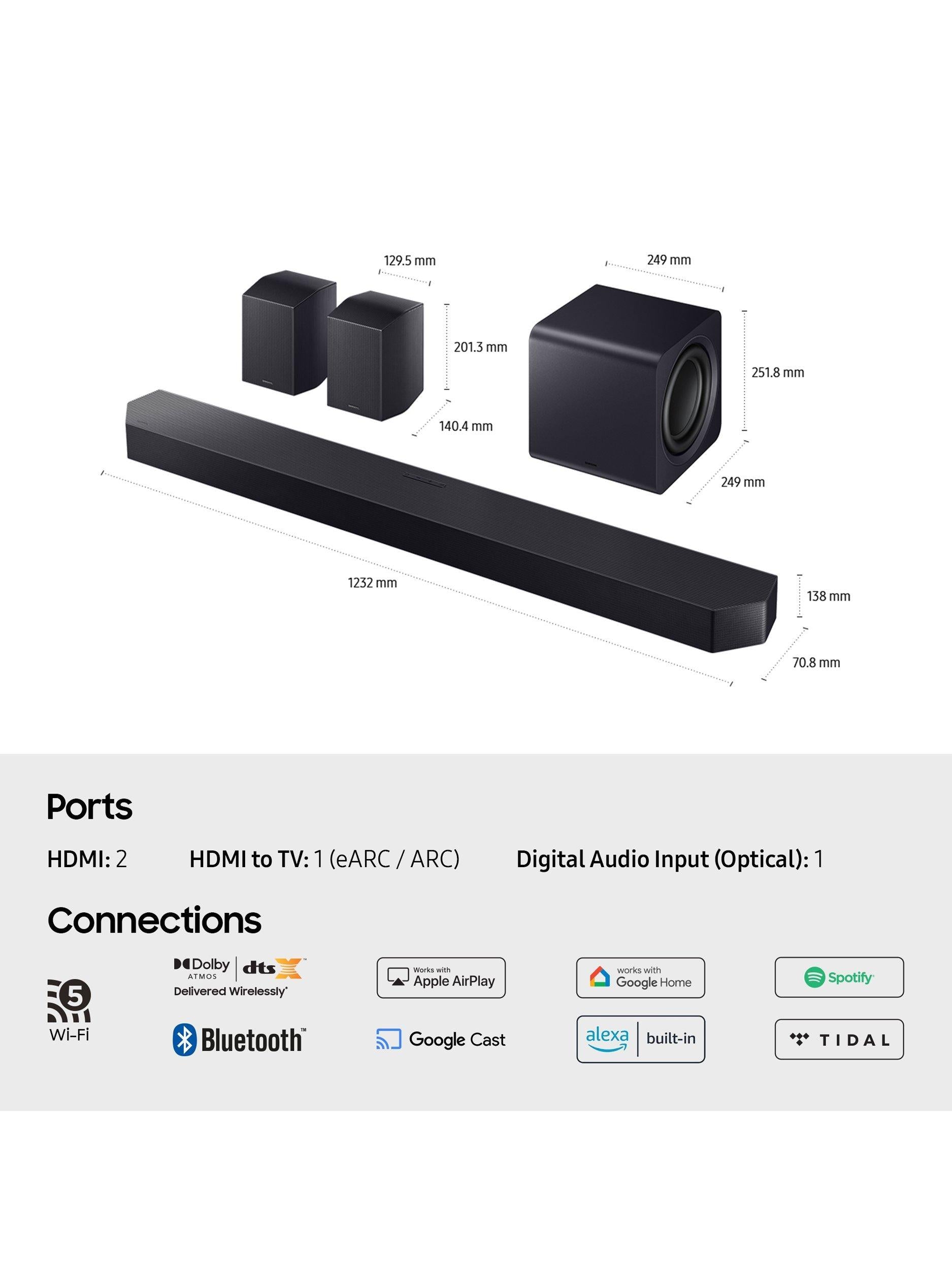 HW-Q990F Bluetooth Wi-Fi Cinematic Soundbar with Dolby Atmos, DTS:X, Wireless Subwoofer & Rear Speakers, Black
