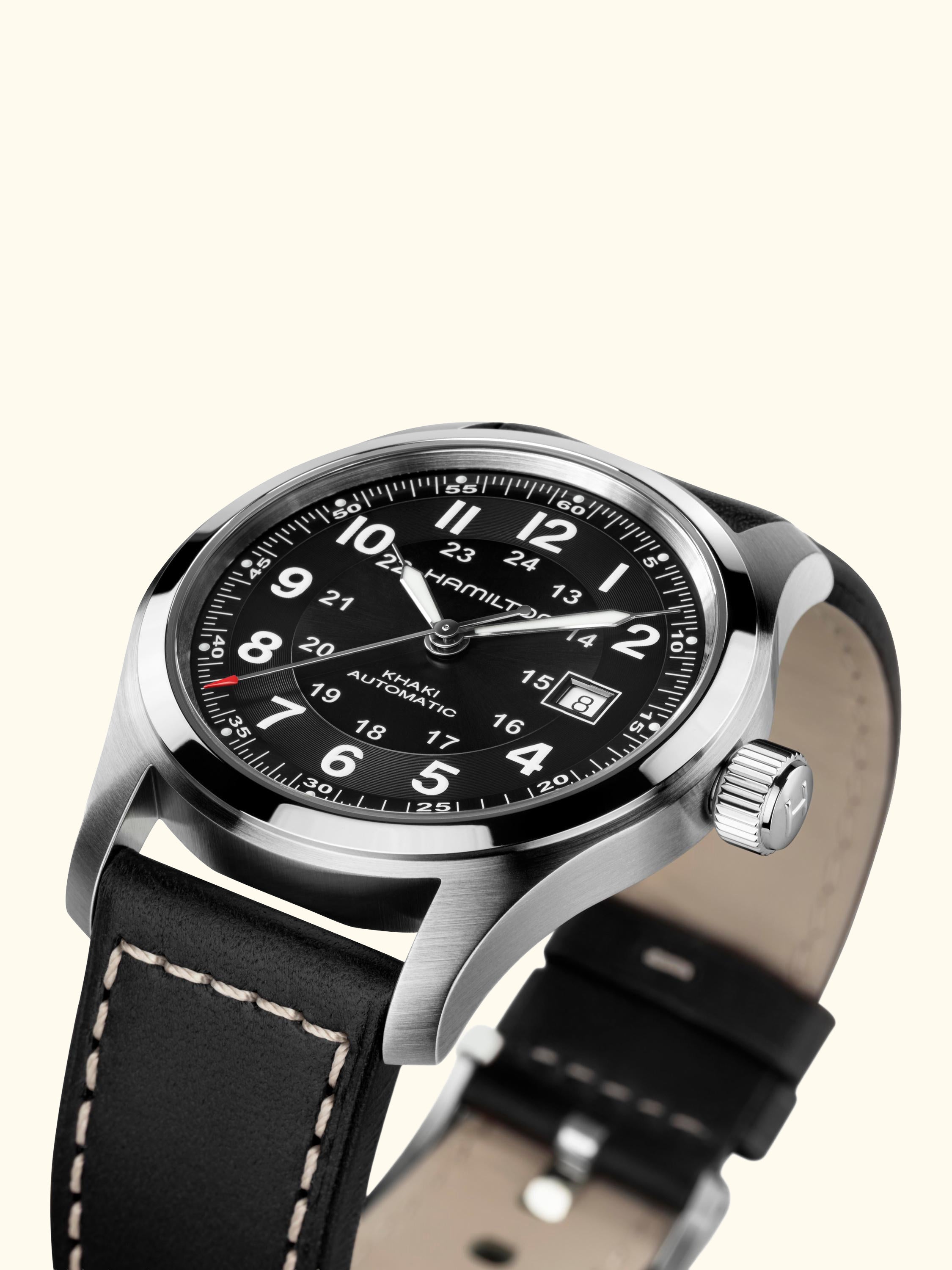 H70605733 Unisex Field Automatic Leather Watch, Black