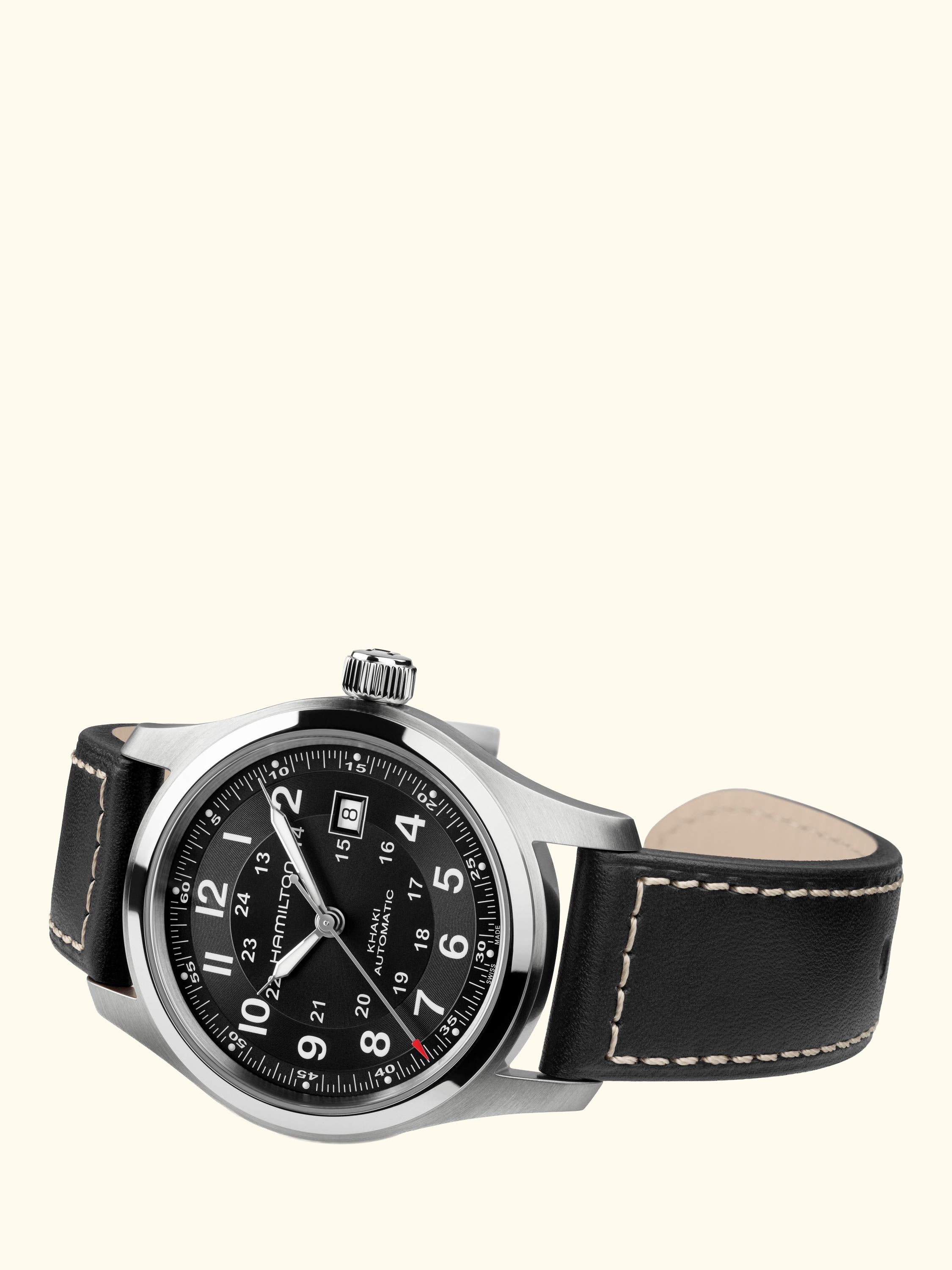 H70605733 Unisex Field Automatic Leather Watch, Black