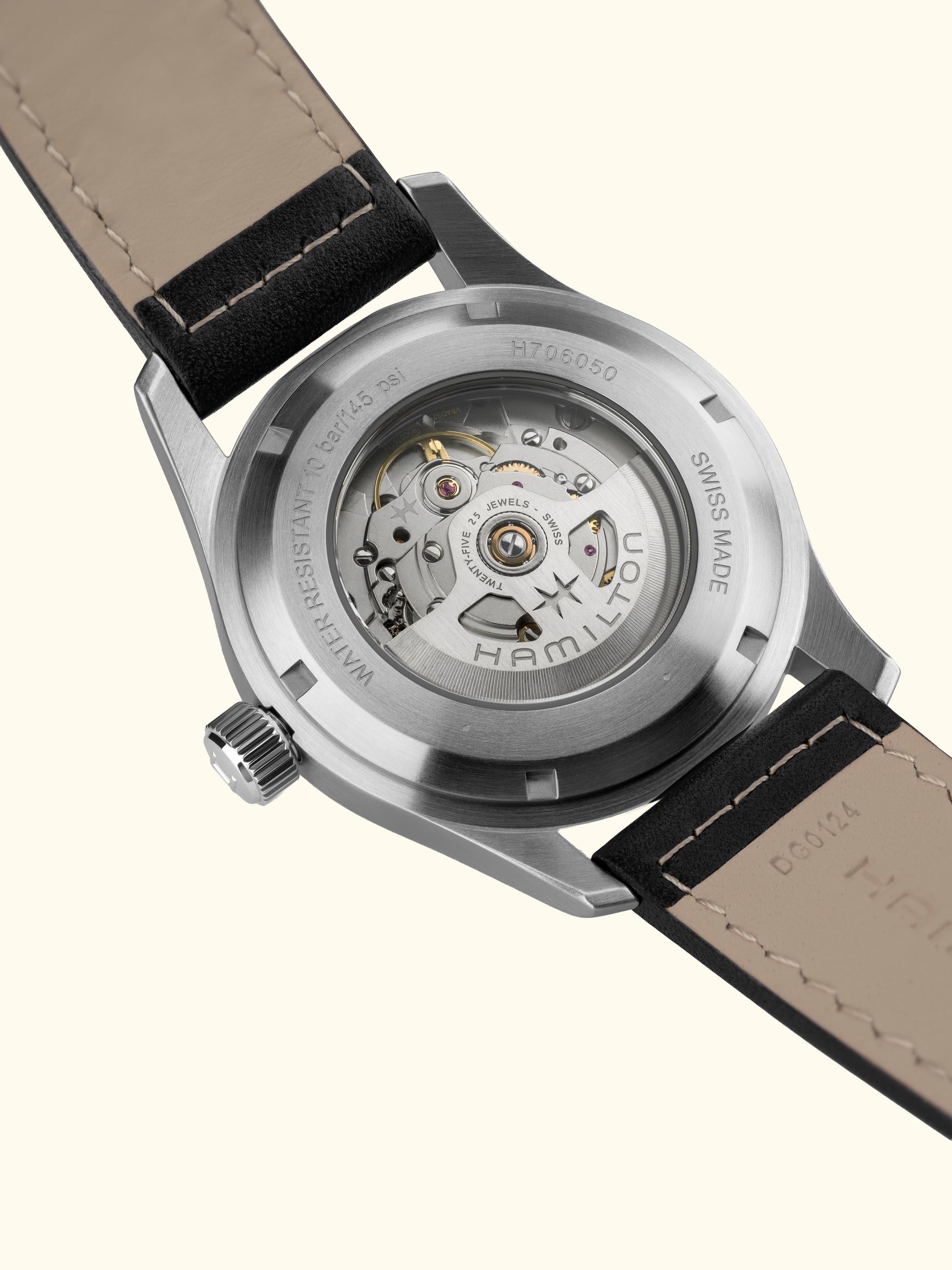 H70605733 Unisex Field Automatic Leather Watch, Black