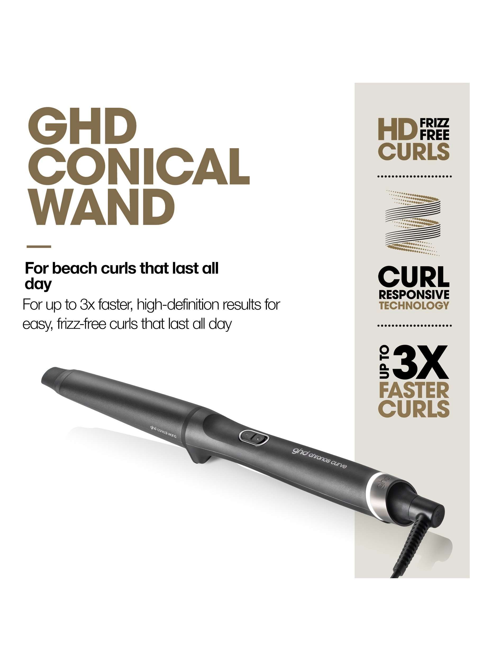 Chronos Curve Conical Wand Hair Curler, Black