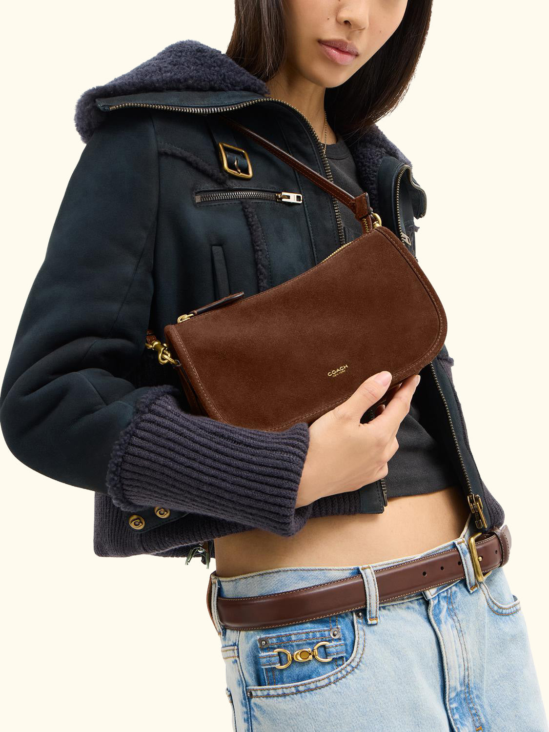 Waverly Suede Shoulder Bag, Warm Brown