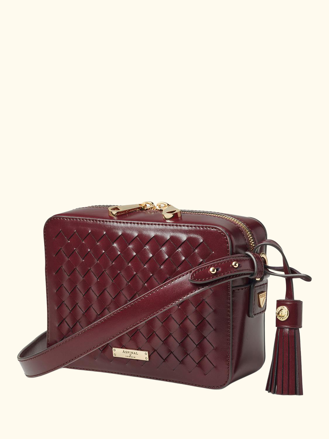 Woven Leather Crossbody Camera Bag, Burgundy