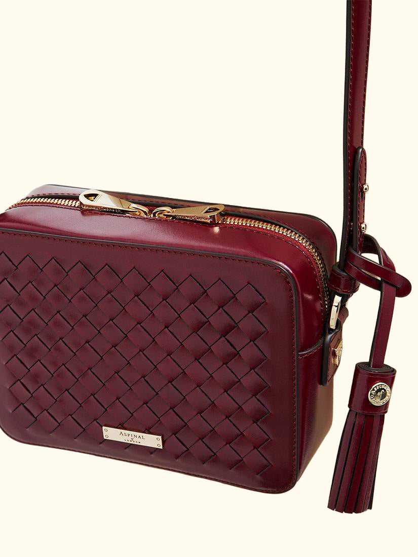 Woven Leather Crossbody Camera Bag, Burgundy