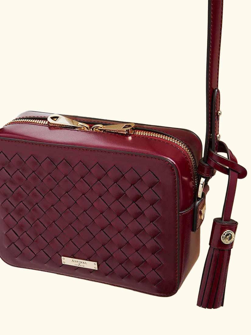 Woven Leather Crossbody Camera Bag, Burgundy