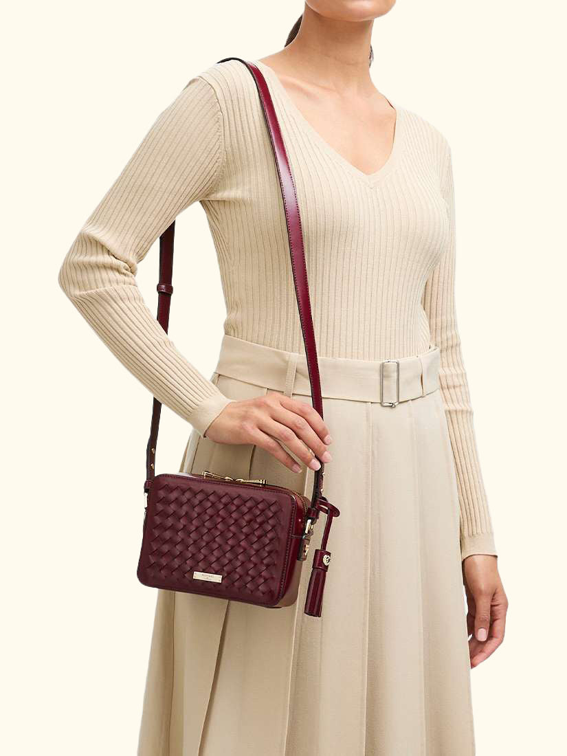 Woven Leather Crossbody Camera Bag, Burgundy