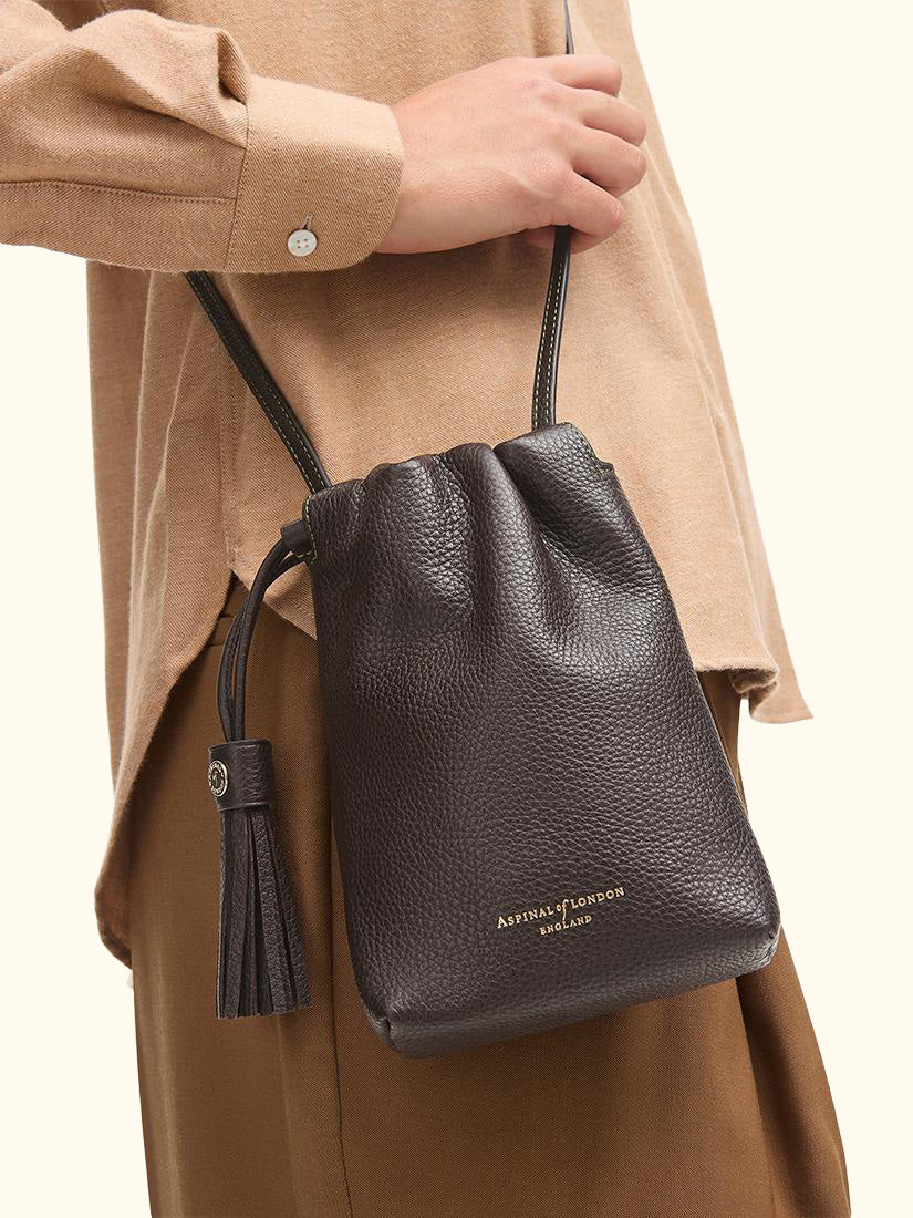 Hudson Leather Drawstring Crossbody Bag, Dark Brown