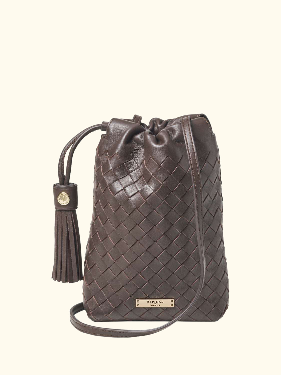 Hudson Woven Leather Drawstring Crossbody Bag, Chocolate