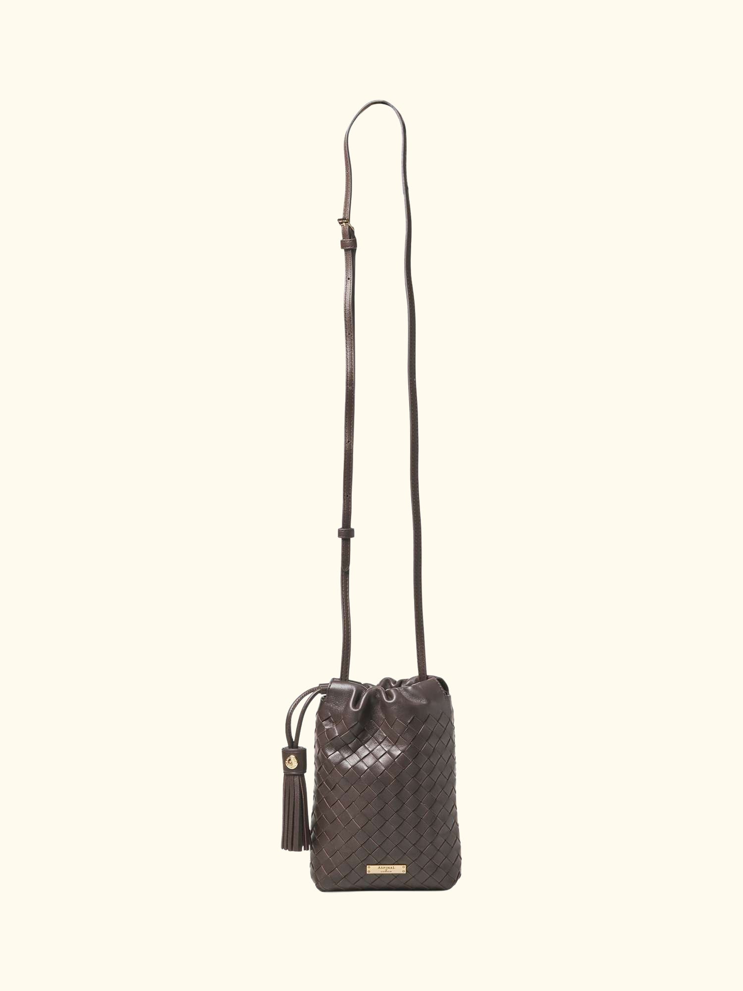 Hudson Woven Leather Drawstring Crossbody Bag, Chocolate