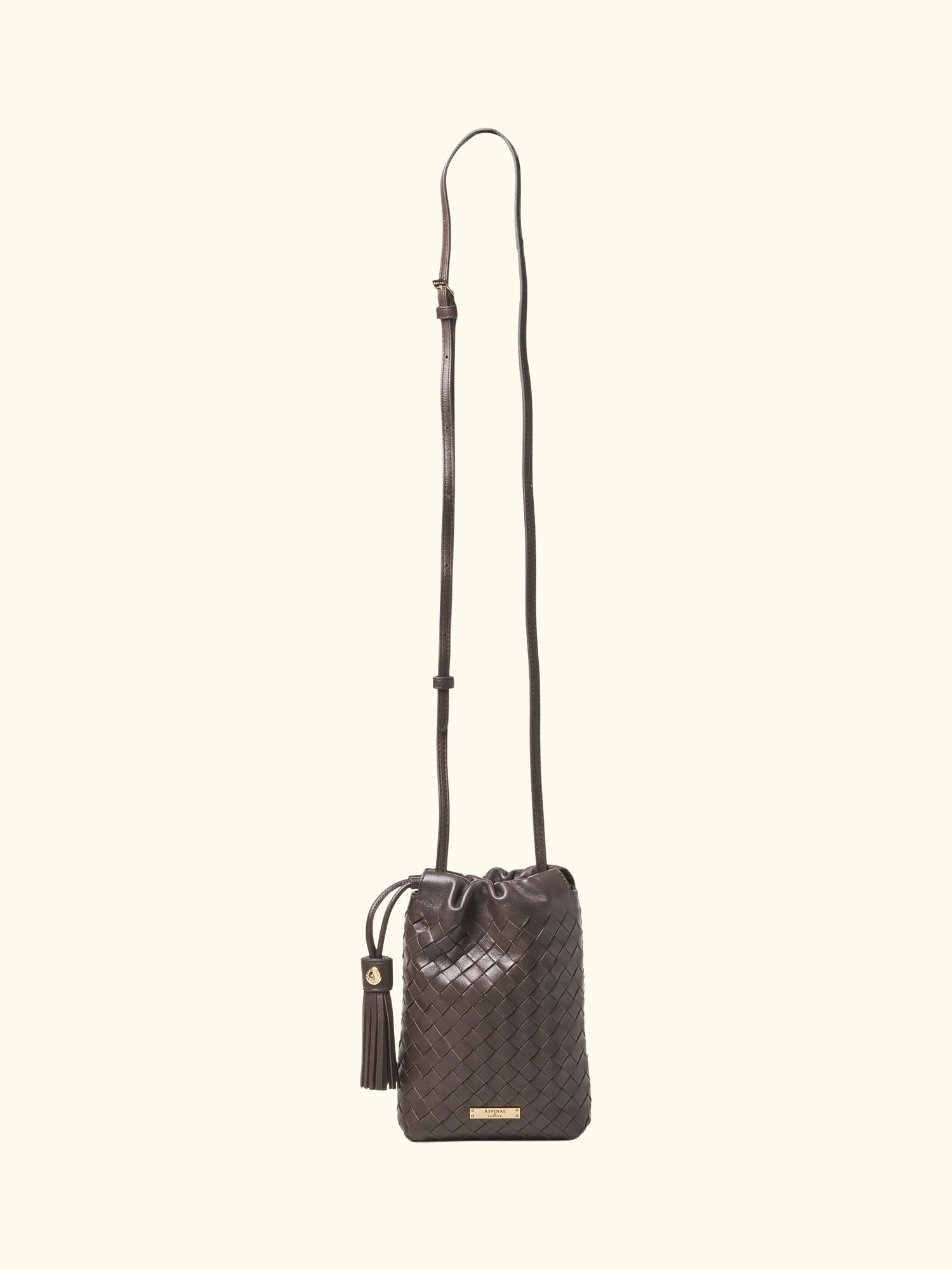 Hudson Woven Leather Drawstring Crossbody Bag, Chocolate