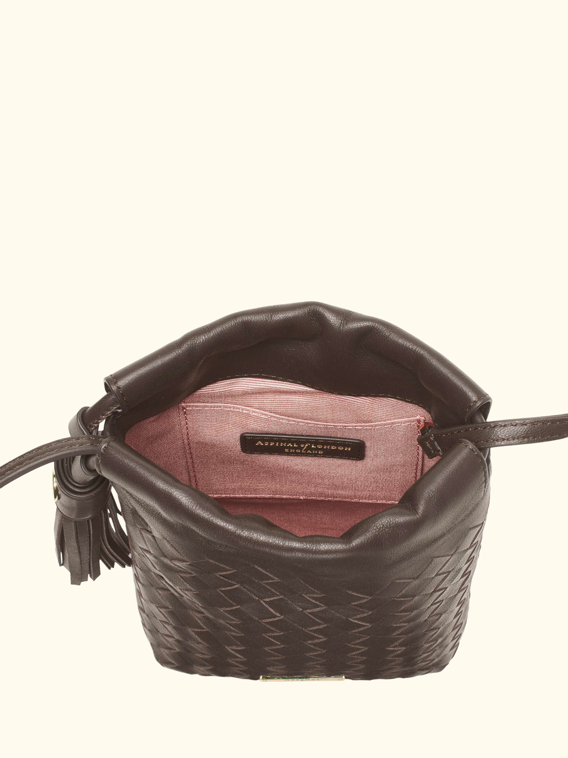 Hudson Woven Leather Drawstring Crossbody Bag, Chocolate