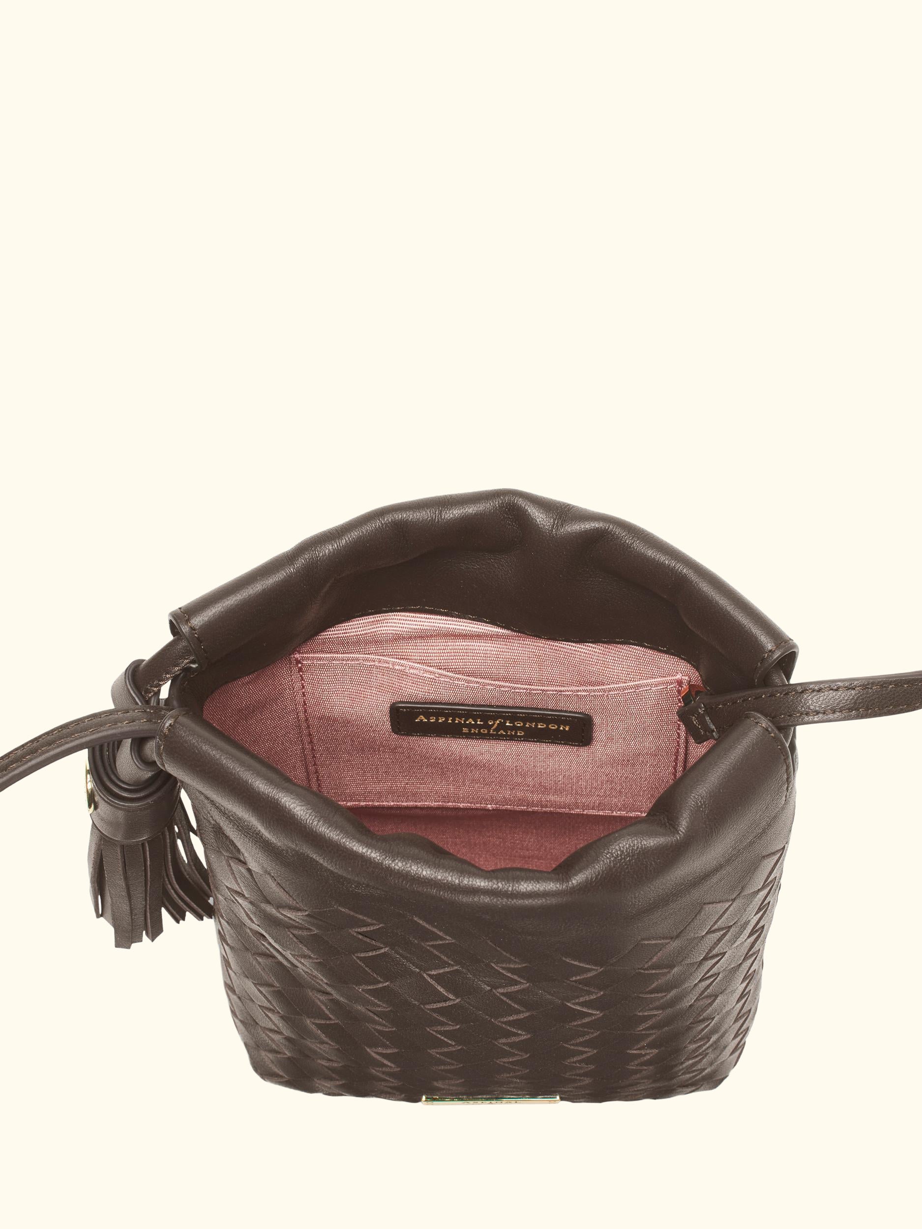Hudson Woven Leather Drawstring Crossbody Bag, Chocolate