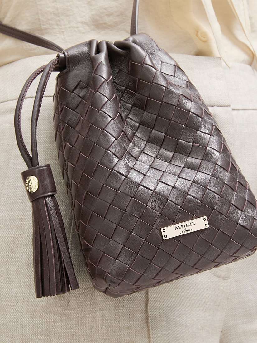 Hudson Woven Leather Drawstring Crossbody Bag, Chocolate