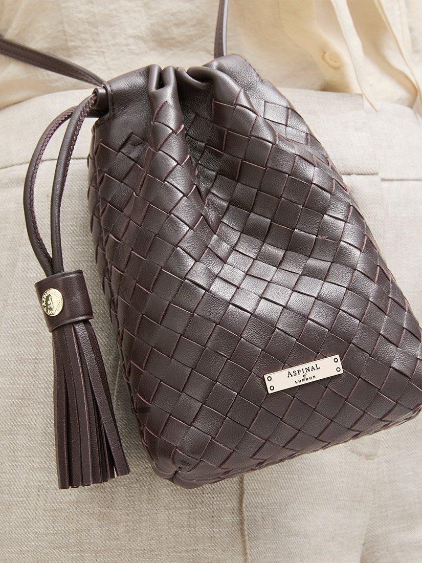 Hudson Woven Leather Drawstring Crossbody Bag, Chocolate