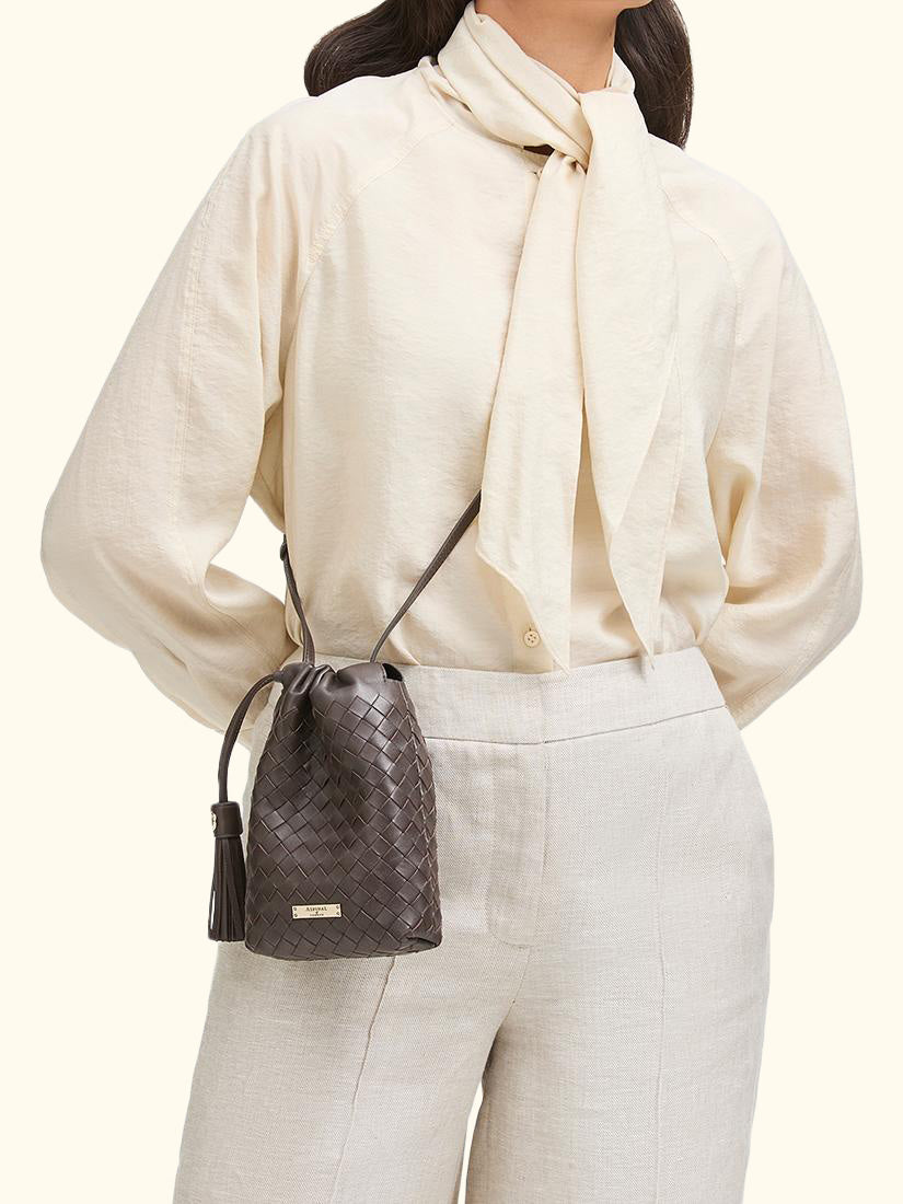 Hudson Woven Leather Drawstring Crossbody Bag, Chocolate