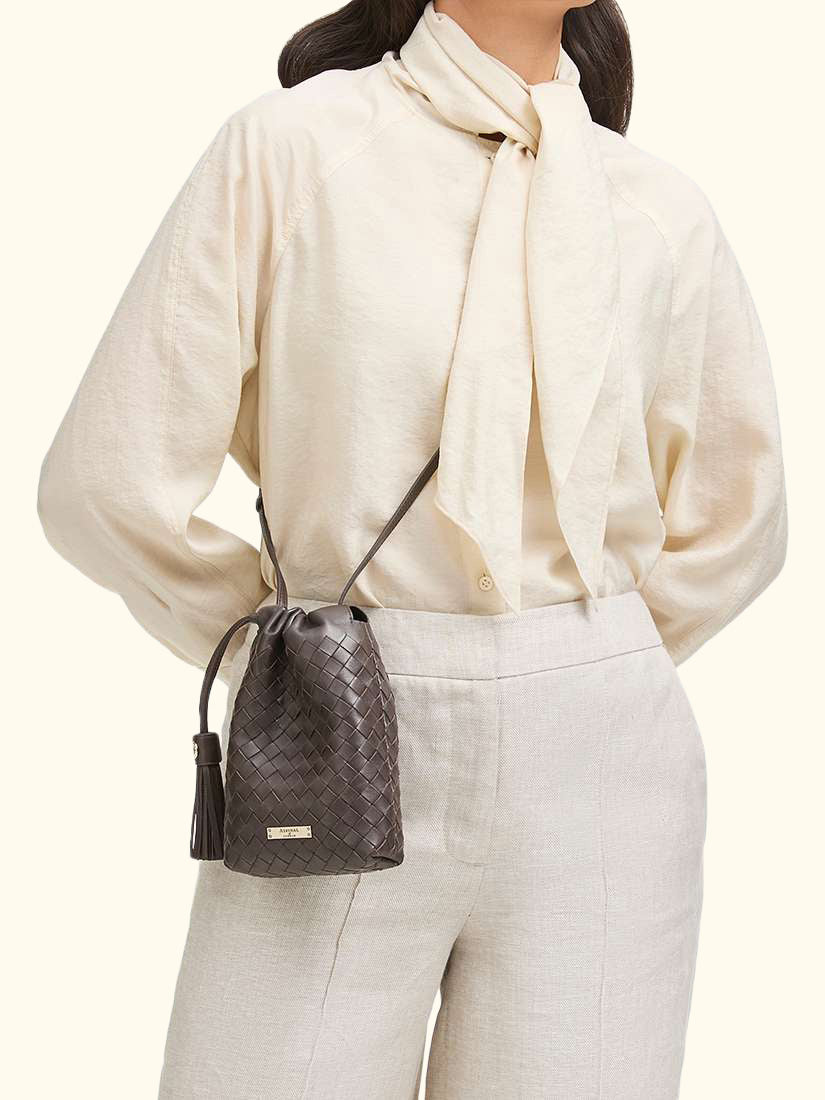 Hudson Woven Leather Drawstring Crossbody Bag, Chocolate