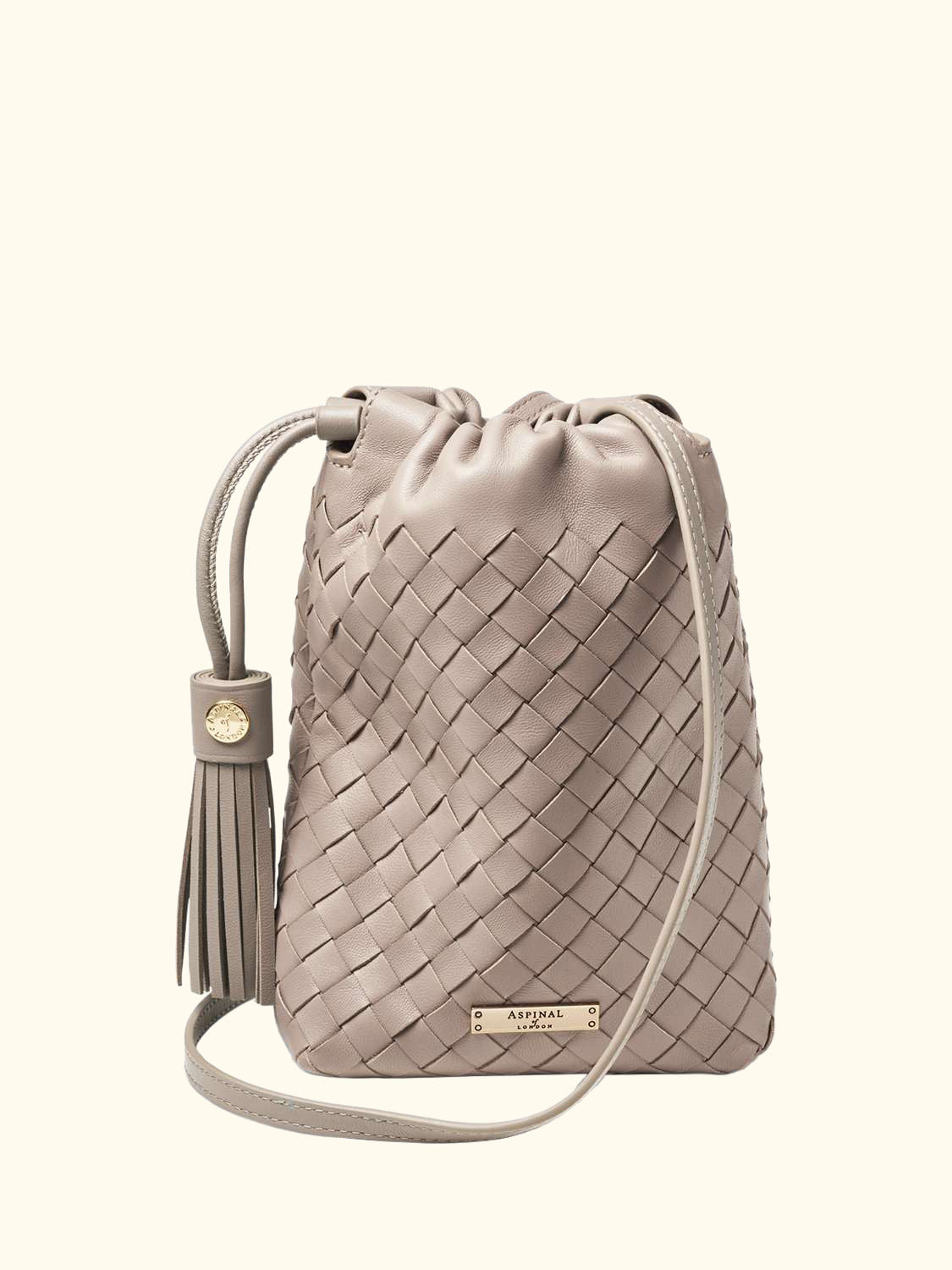 Hudson Woven Leather Drawstring Crossbody Bag, Taupe