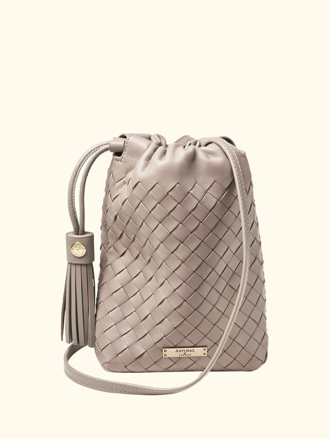 Hudson Woven Leather Drawstring Crossbody Bag, Taupe