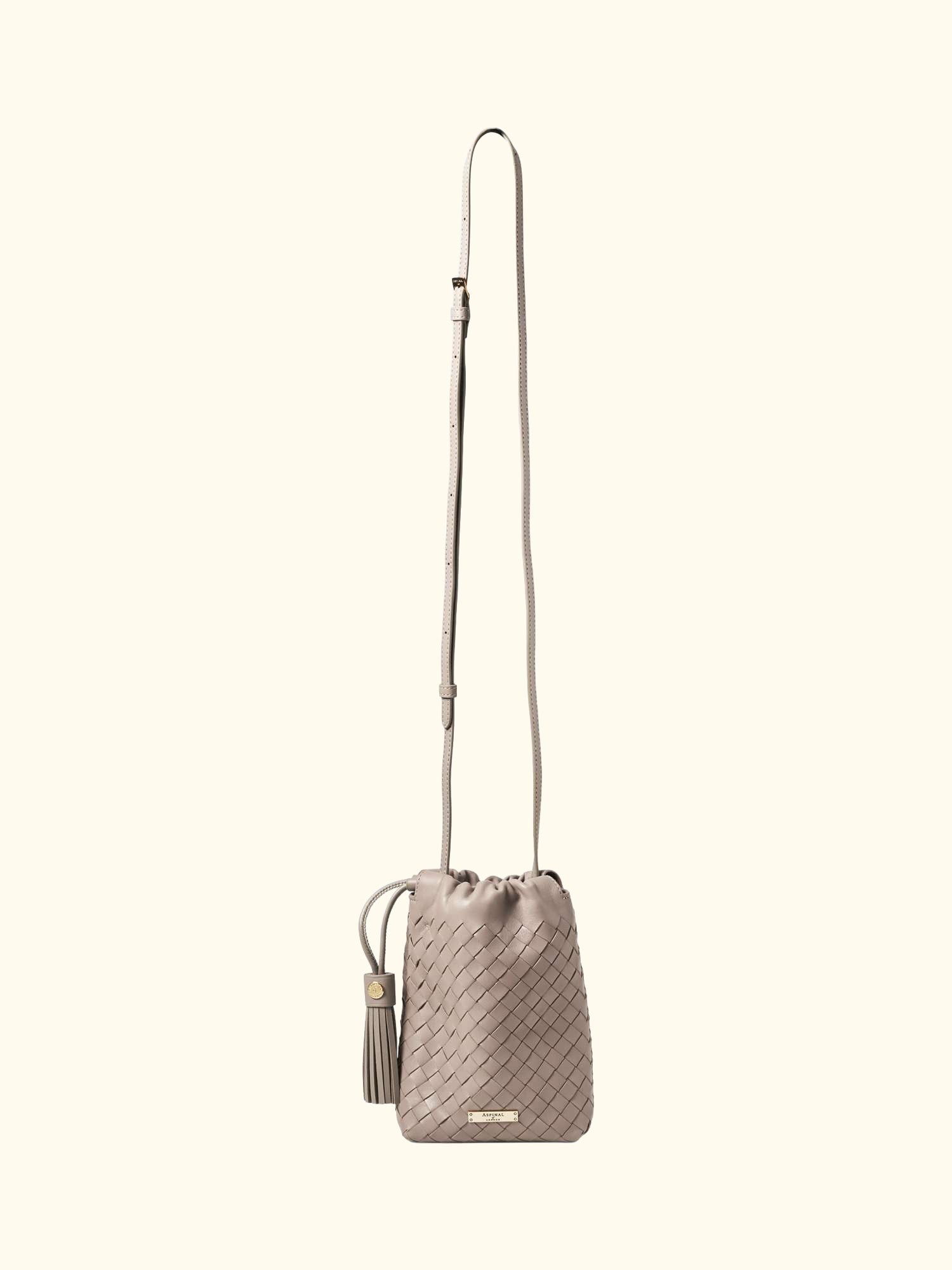 Hudson Woven Leather Drawstring Crossbody Bag, Taupe