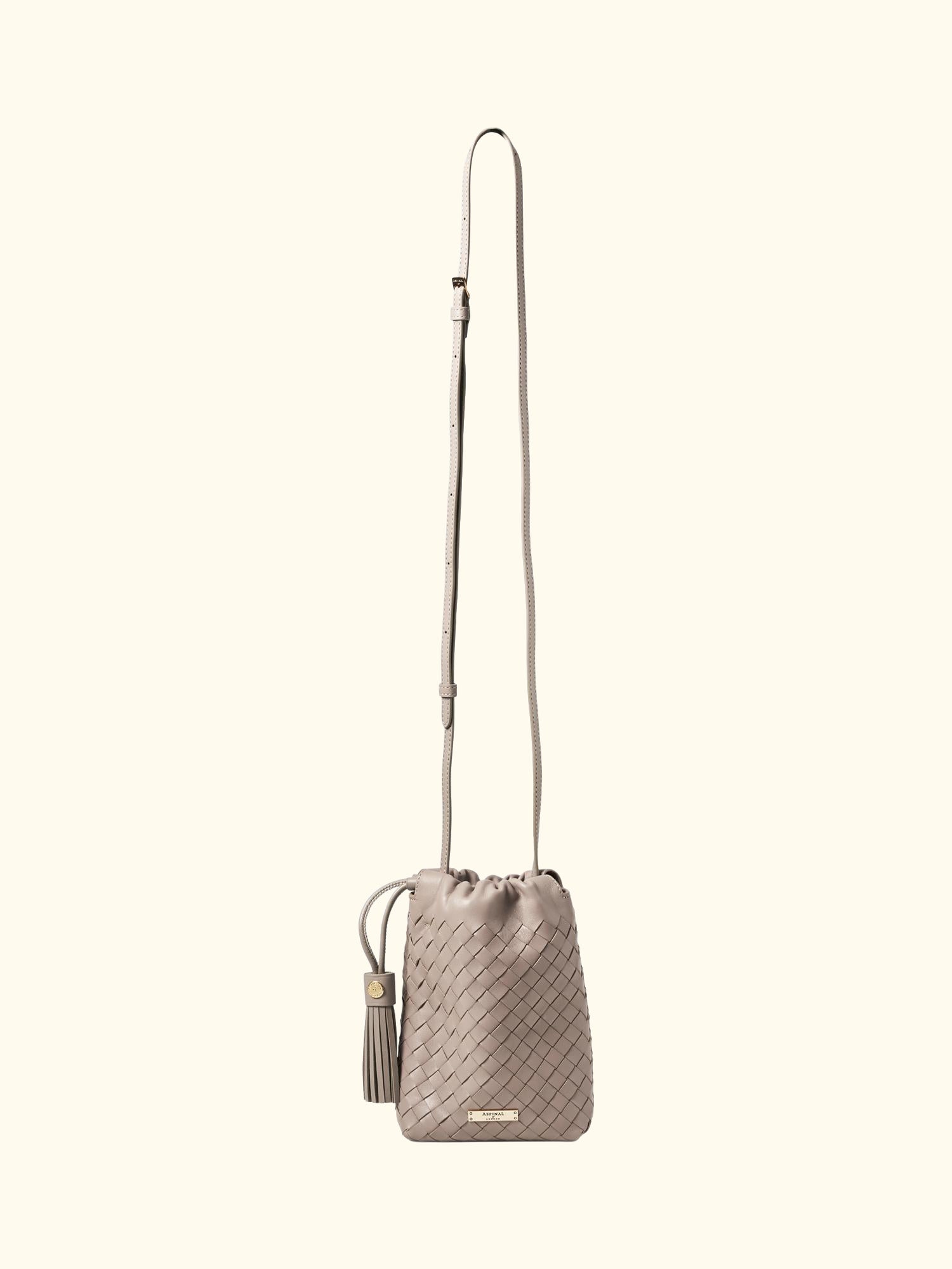 Hudson Woven Leather Drawstring Crossbody Bag, Taupe