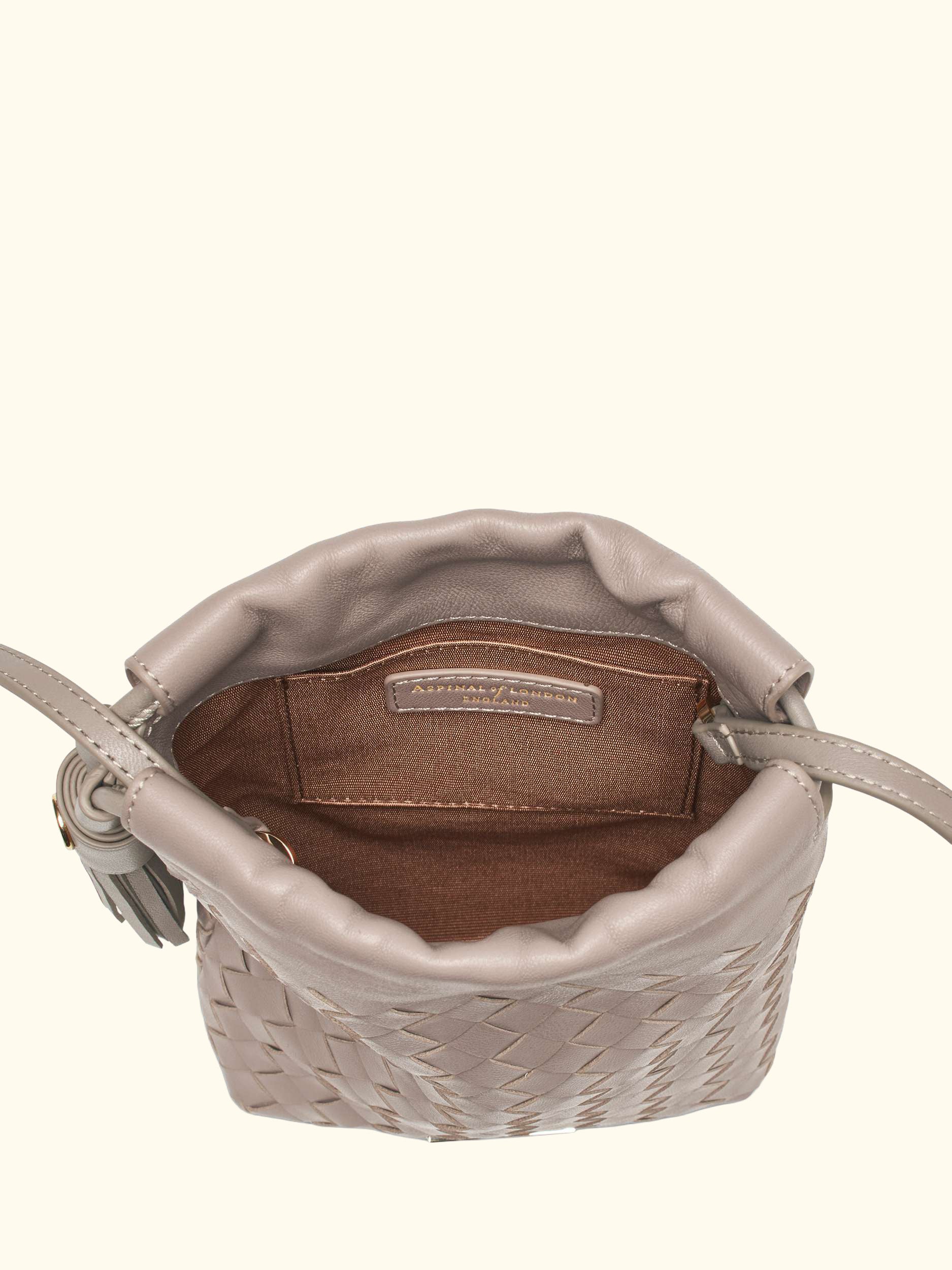 Hudson Woven Leather Drawstring Crossbody Bag, Taupe