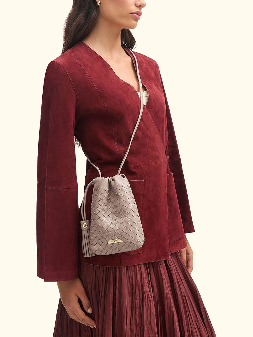 Hudson Woven Leather Drawstring Crossbody Bag, Taupe