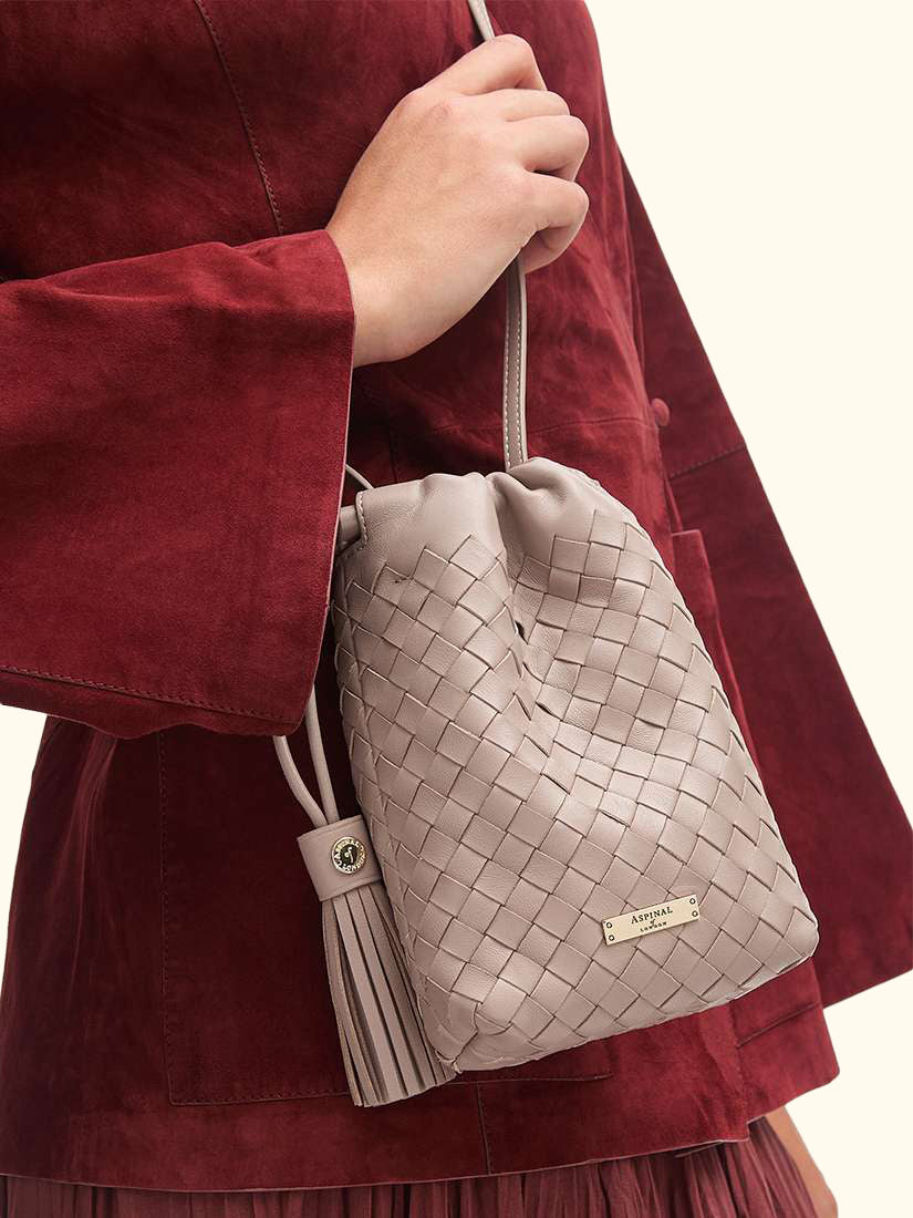 Hudson Woven Leather Drawstring Crossbody Bag, Taupe