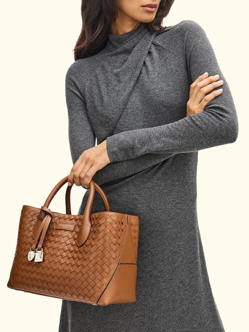 Woven Leather Midi Tote Bag