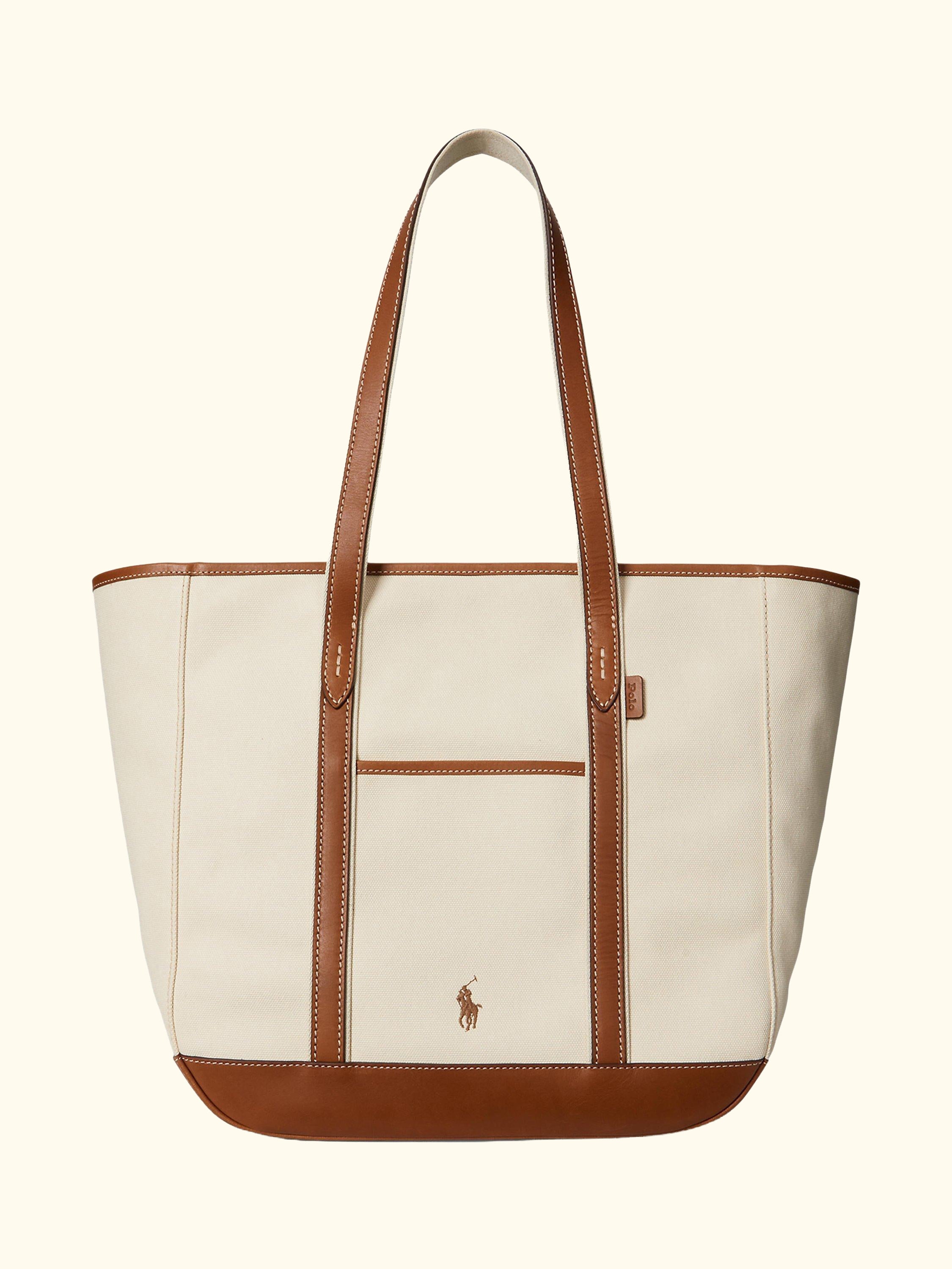 Polo Ralph Lauren Leather and Canvas Medium Shopper Tote Bag, Ecru/Cuoio