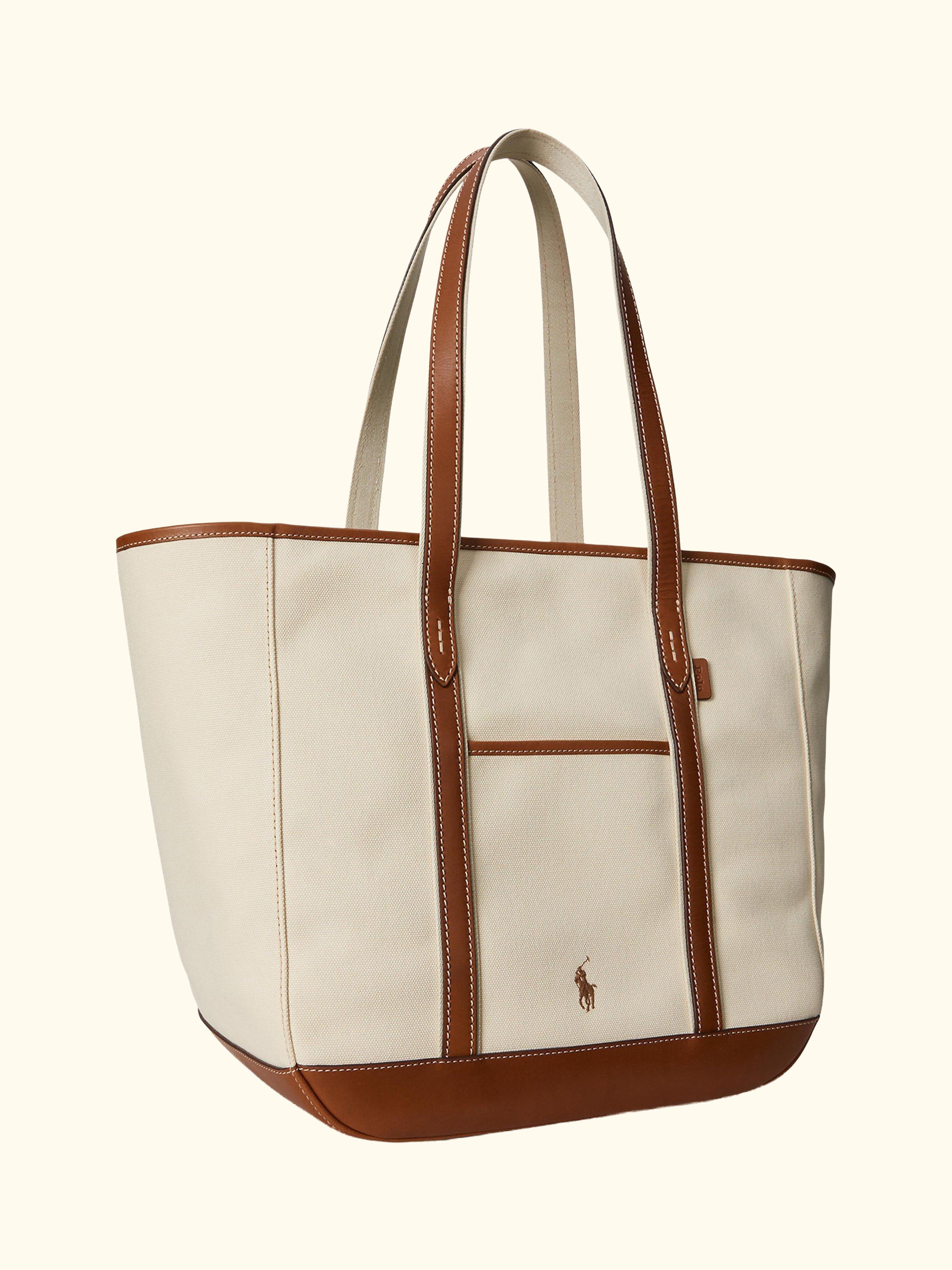 Polo Ralph Lauren Leather and Canvas Medium Shopper Tote Bag, Ecru/Cuoio