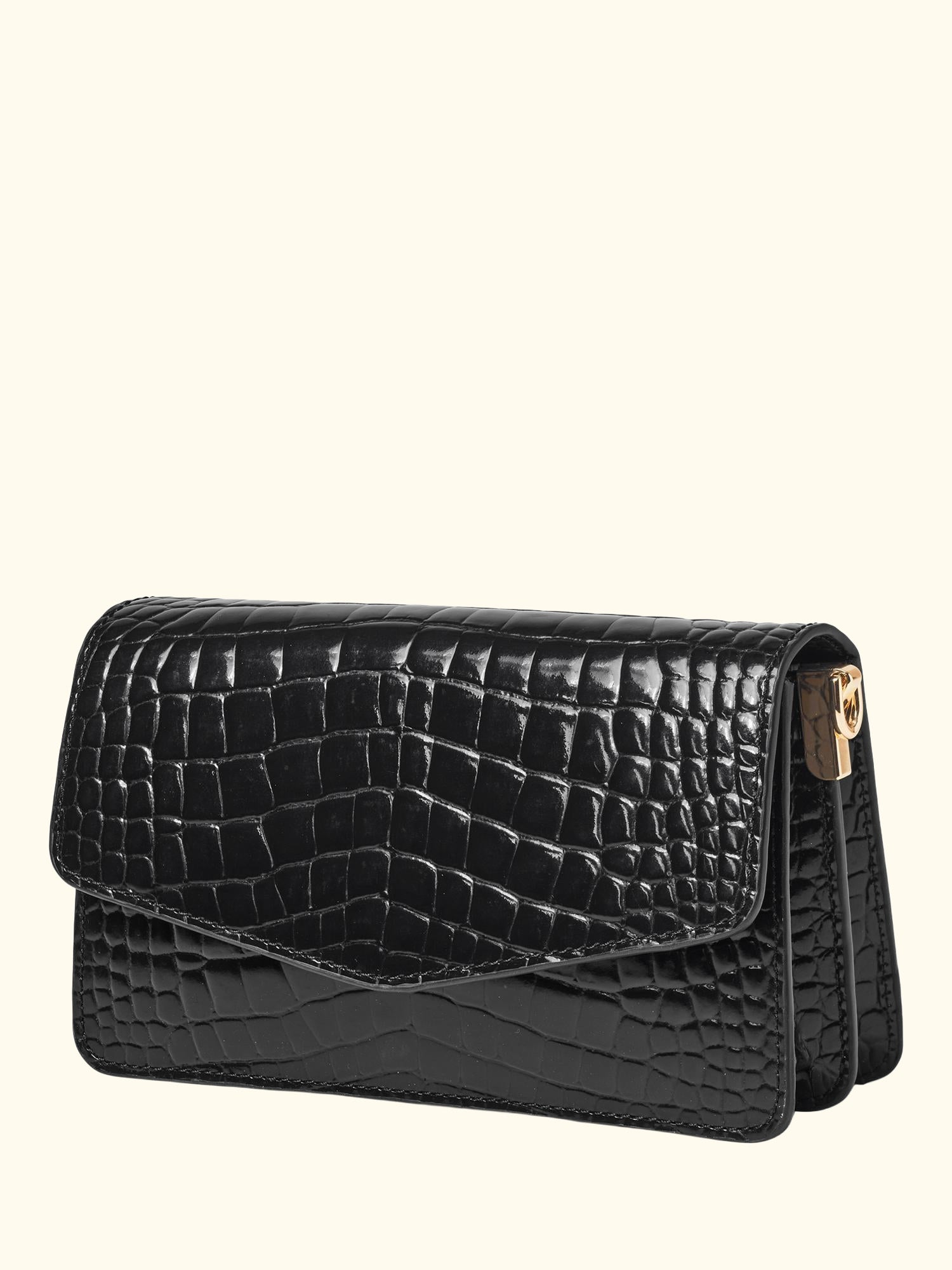 Eliza Croc Leather Clutch Bag, Black