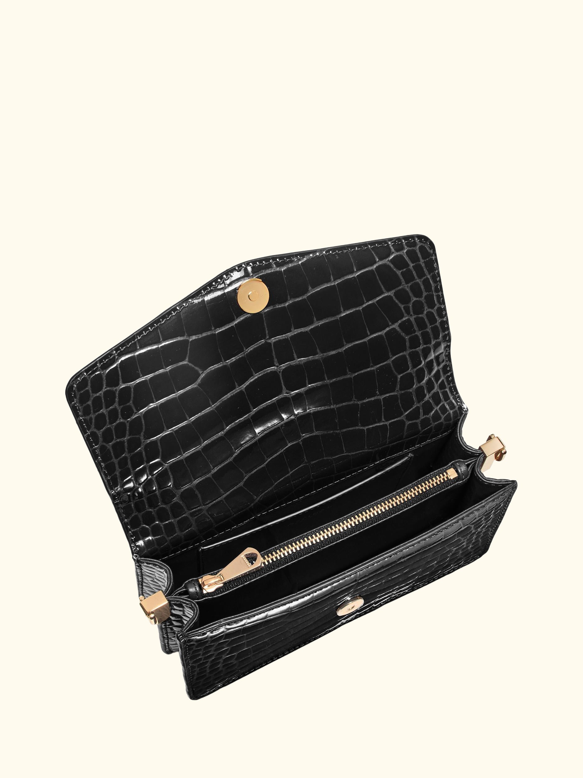 Eliza Croc Leather Clutch Bag, Black