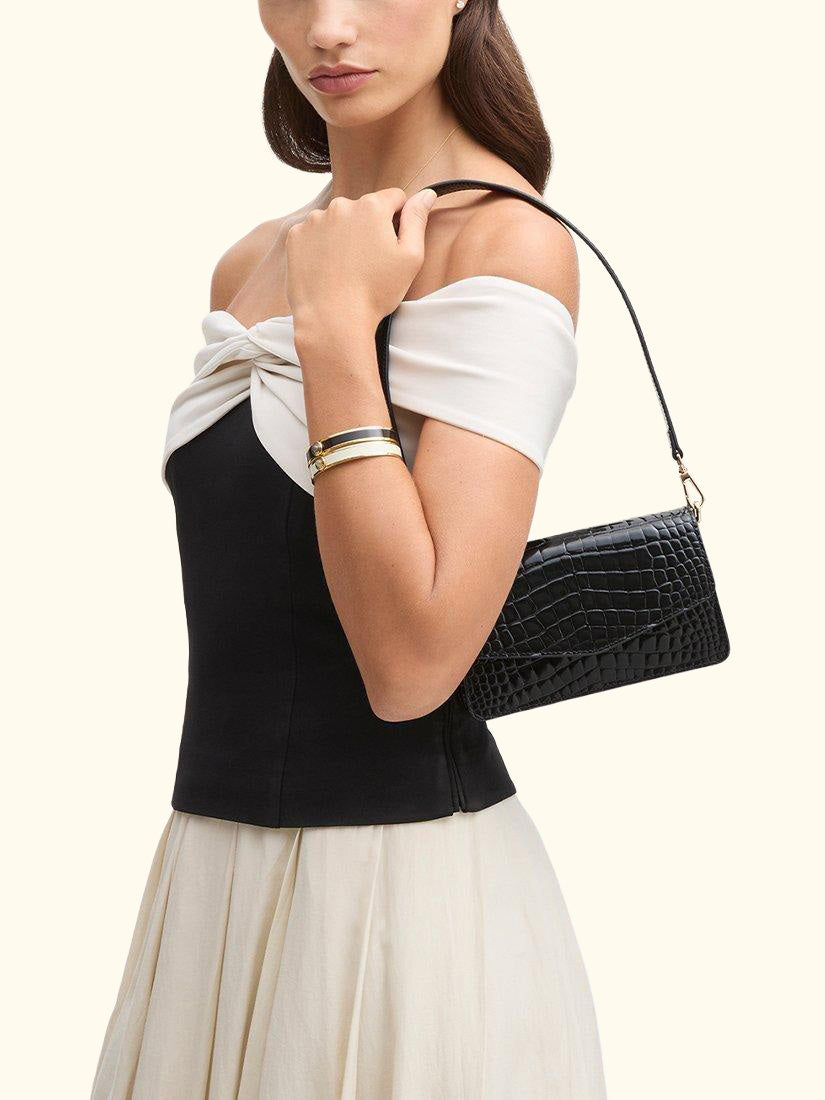 Eliza Croc Leather Clutch Bag, Black