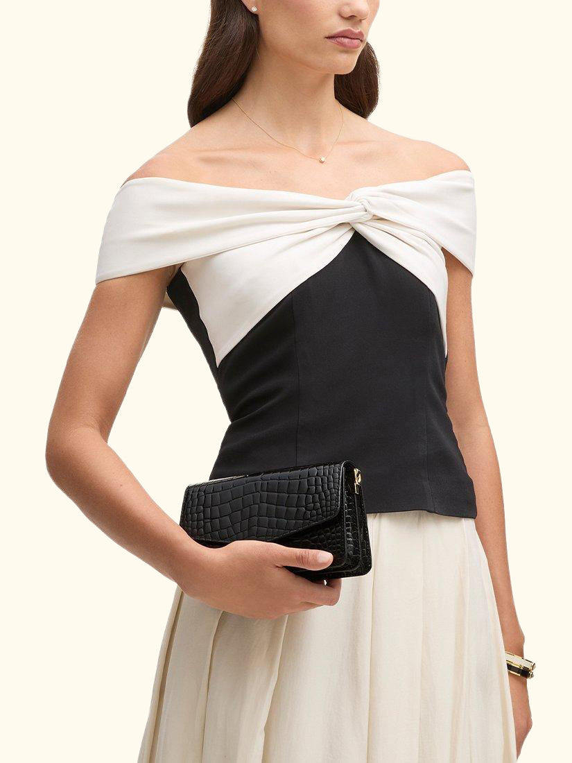 Eliza Croc Leather Clutch Bag, Black